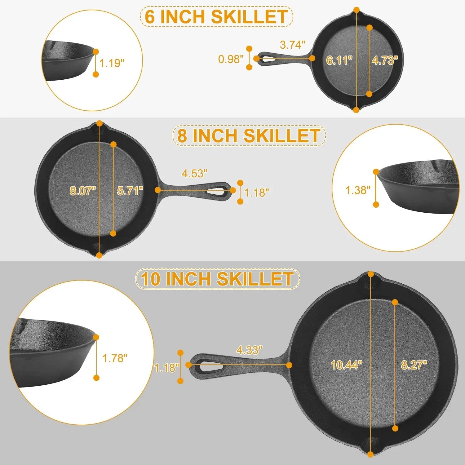 3Pcs Pre-Seasoned Cast Iron Skillet Set 6/8/10in Non-Stick Oven Safe Cookware Heat-Resistant Frying Pan - VINE GLOBAL