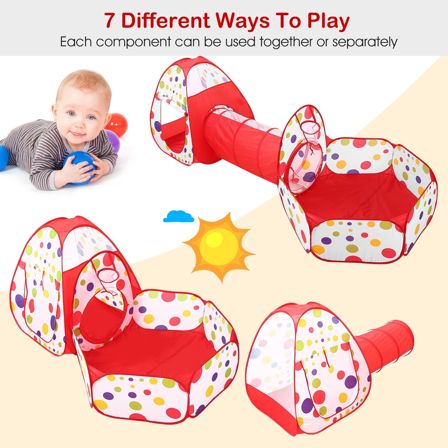 3 In 1 Child Crawl Tunnel Tent Kids Play Tent Ball Pit Set Foldable Children Play House Pop-up Kids Tent - VINE GLOBAL