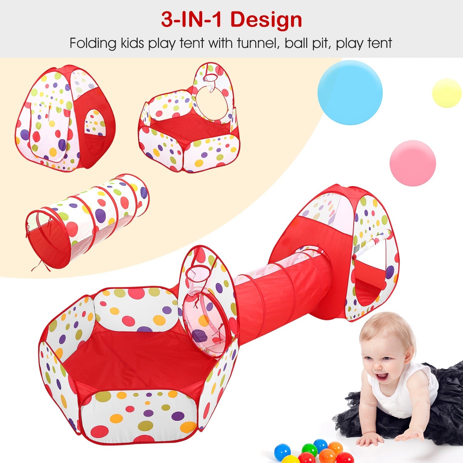 3 In 1 Child Crawl Tunnel Tent Kids Play Tent Ball Pit Set Foldable Children Play House Pop-up Kids Tent - VINE GLOBAL