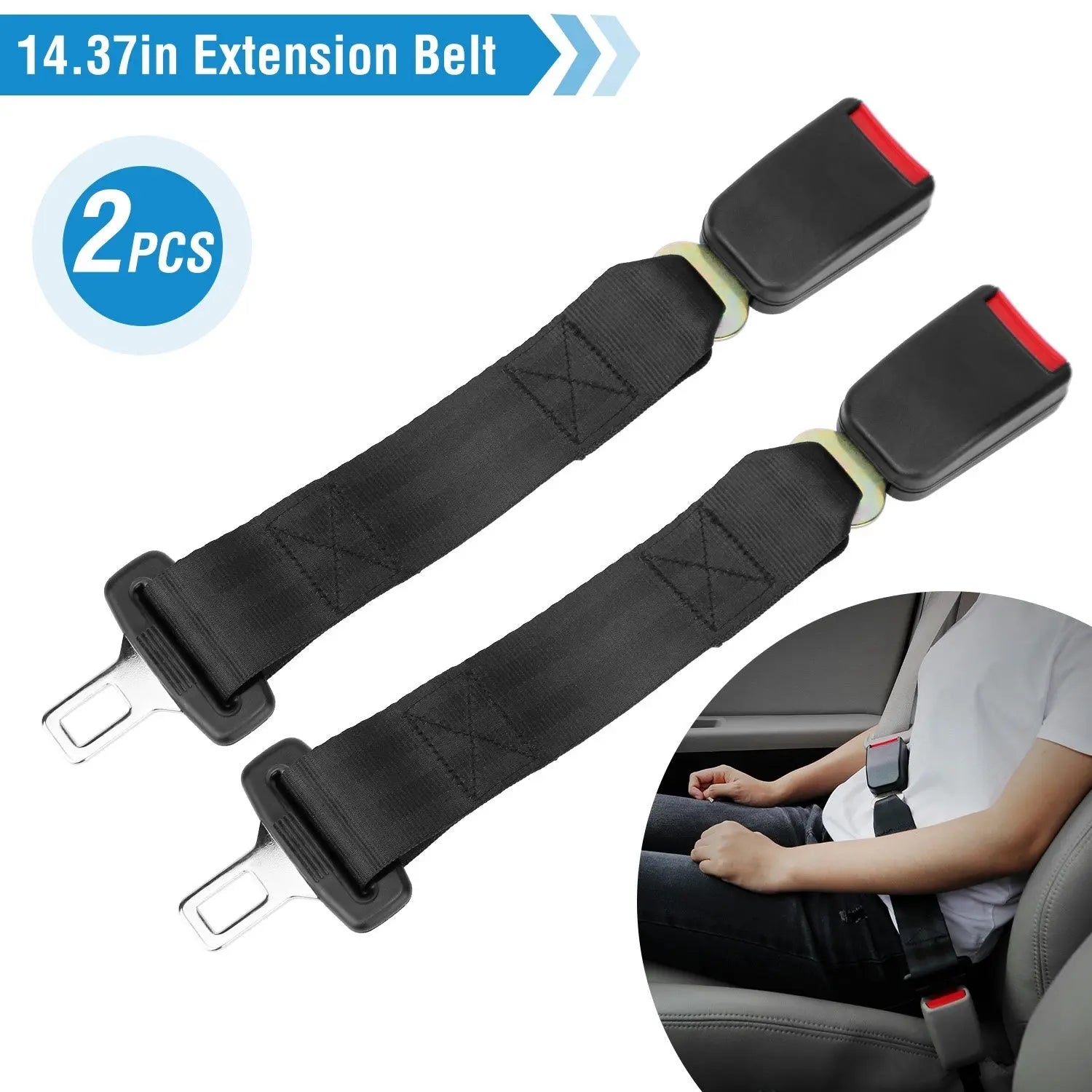 2Pcs Car Seat Belt Extender 14.37in Buckle Tongue Webbing Extension Safety Belt - VINE GLOBAL