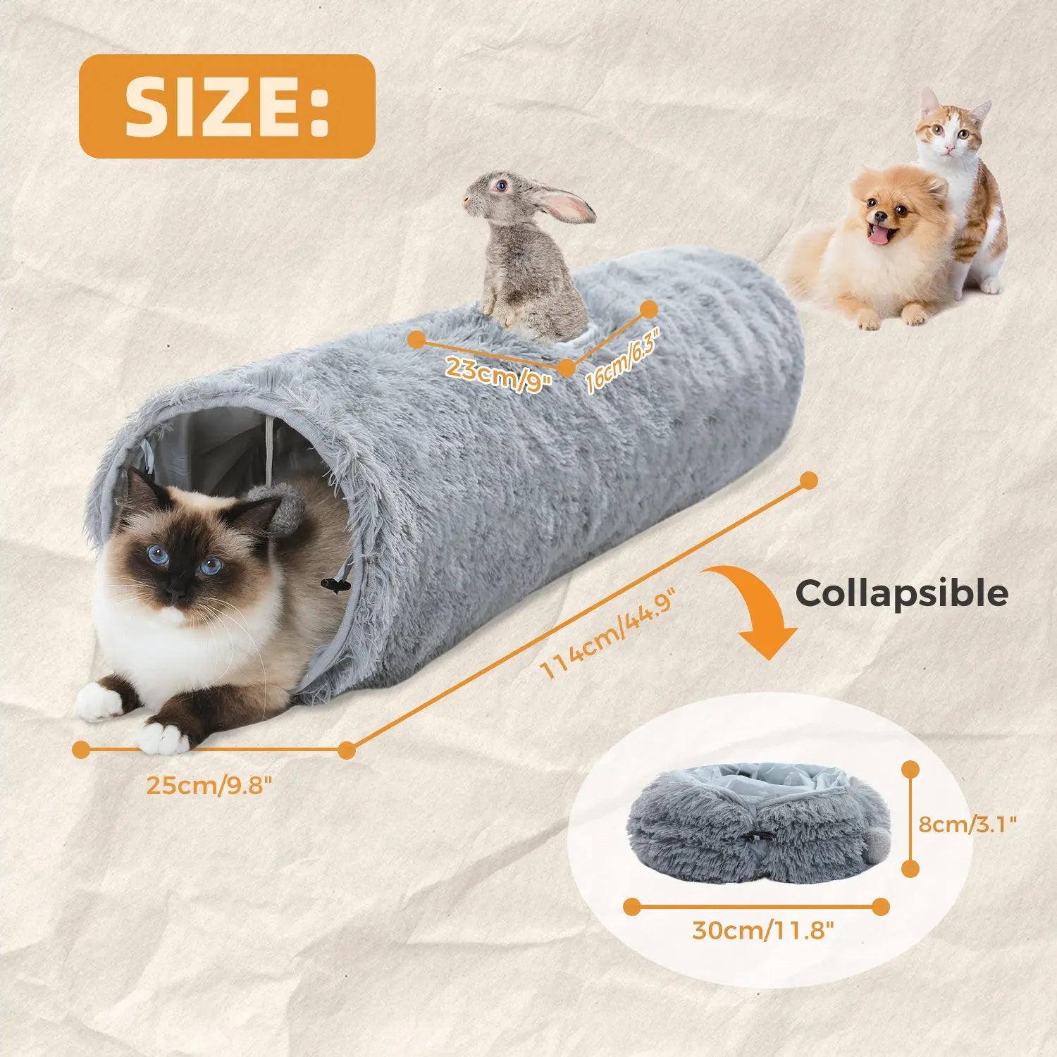 Large Cat Tunnel, 44.9 Inches Long Collapsible Cat Tube 9.8 Inches in Diameter, Collapsible Fluffy Plush Cat Toys for Indoor Cat,Rabbits and Puppies(Unable to ship on weekends, please be careful when - VINE GLOBAL