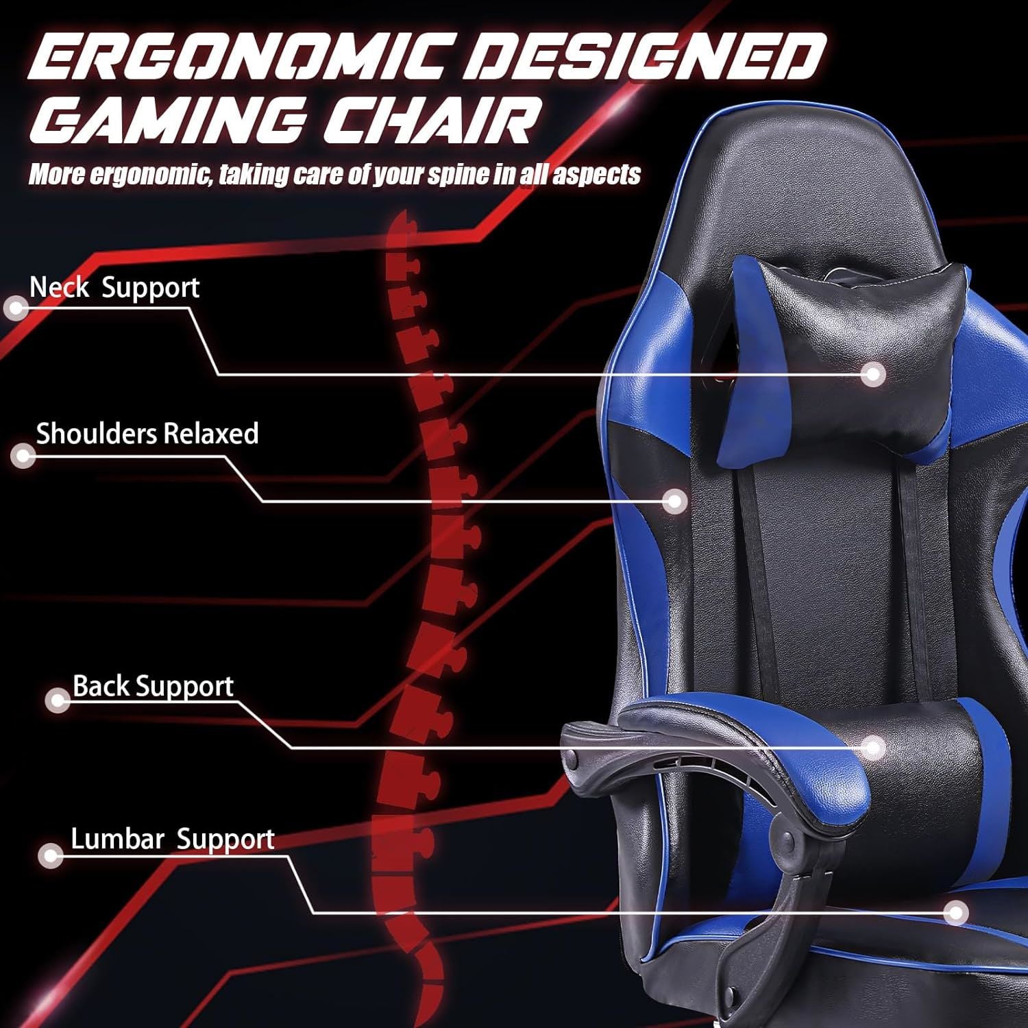 Ergonomic Gaming Chair with Footrest, PU Leather Video Game Chairs for Adults, Reclining Gamer Chair Office Chair with Lumbar Support, Comfortable Computer Chair for Heavy People - VINE GLOBAL