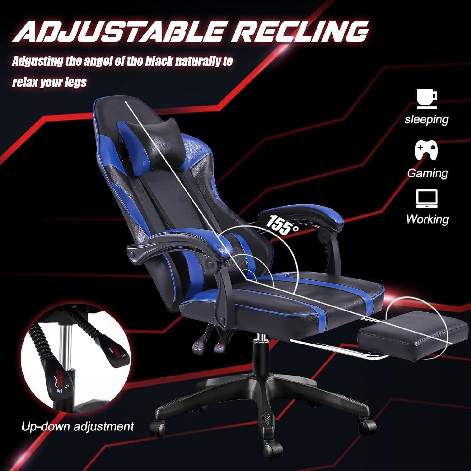 Ergonomic Gaming Chair with Footrest, PU Leather Video Game Chairs for Adults, Reclining Gamer Chair Office Chair with Lumbar Support, Comfortable Computer Chair for Heavy People - VINE GLOBAL