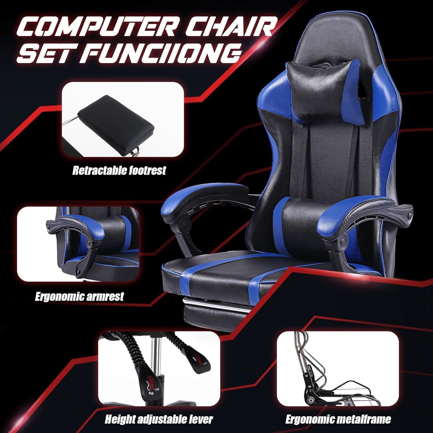 Ergonomic Gaming Chair with Footrest, PU Leather Video Game Chairs for Adults, Reclining Gamer Chair Office Chair with Lumbar Support, Comfortable Computer Chair for Heavy People - VINE GLOBAL