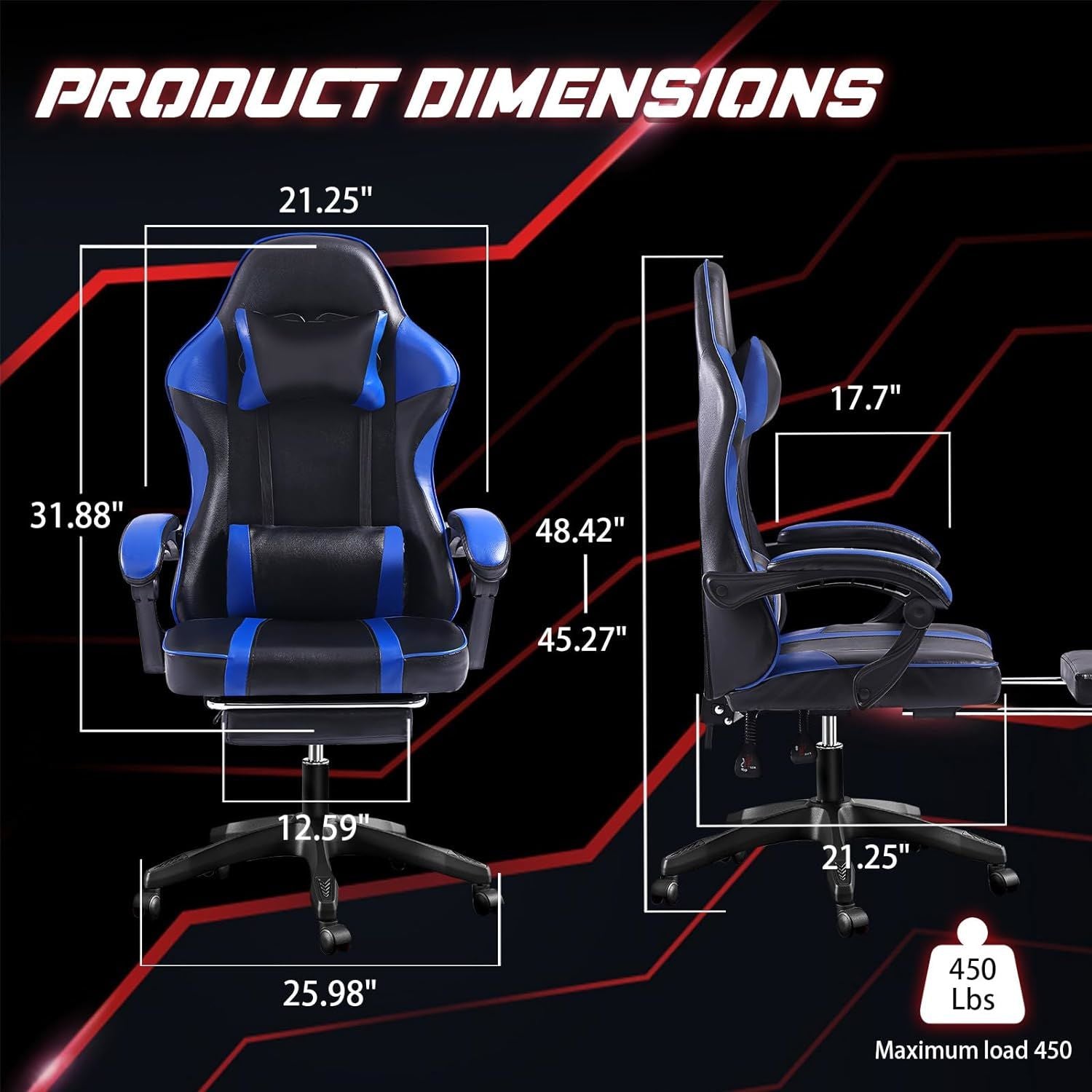 Ergonomic Gaming Chair with Footrest, PU Leather Video Game Chairs for Adults, Reclining Gamer Chair Office Chair with Lumbar Support, Comfortable Computer Chair for Heavy People - VINE GLOBAL