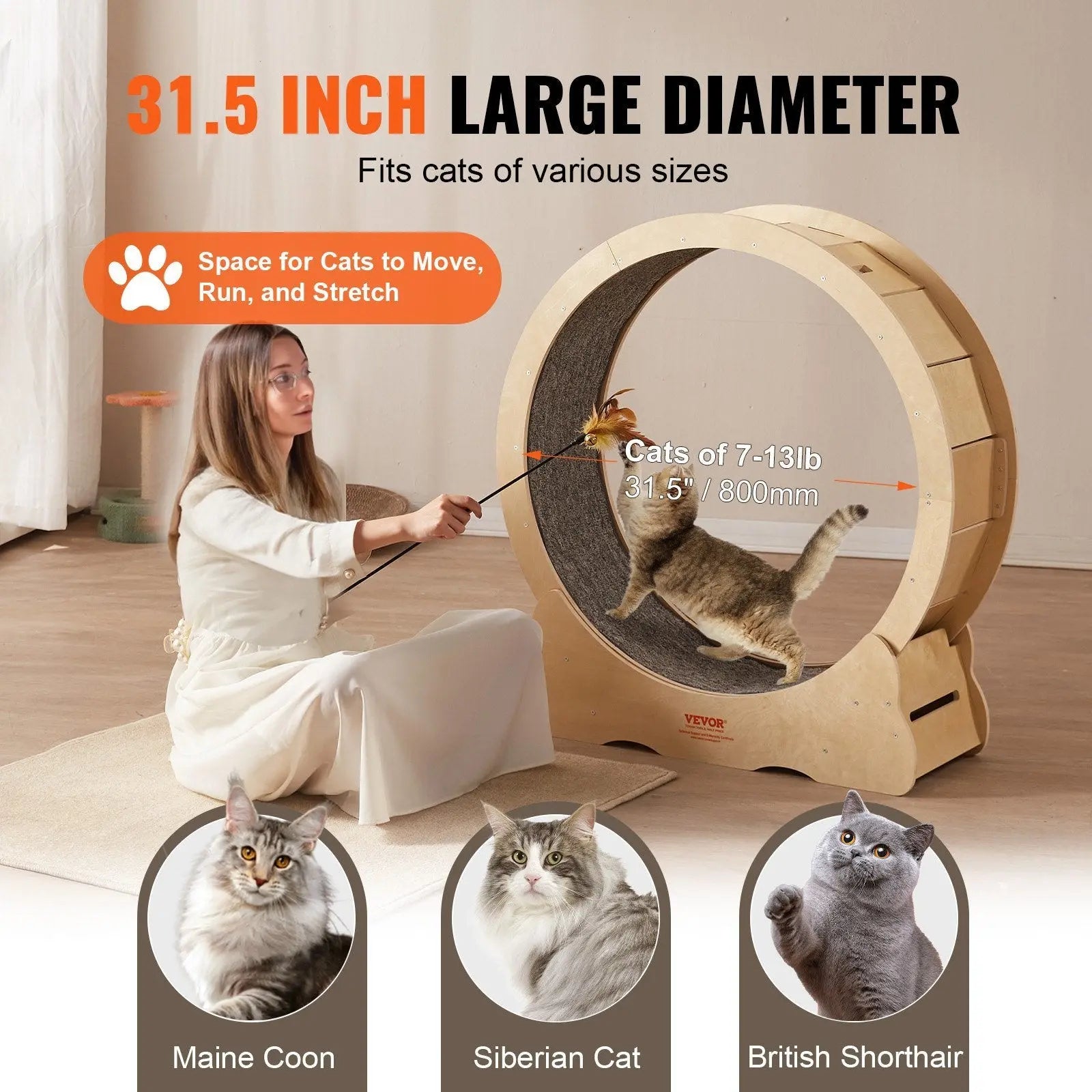 VEVOR Cat Exercise Wheel, Large Cat Treadmill Wheel for Indoor Cats, 35.8 inch Cat Running Wheel with Detachable Carpet and Cat Teaser for Running/Walking/Training, Suitable for Most Cats - VINE GLOBAL