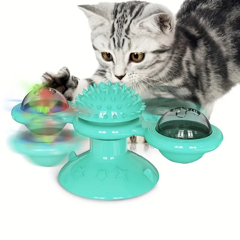 New Windmill Cat Toys Cute Rotating Interactive Cat Toy - Indoor Windmill Cat Toy With Suction Cup Catnip & Jagged Teeth Middle Ball, Smart Kitten Rotating Spinner Exercise Toy, Toothbrush & Massager - VINE GLOBAL