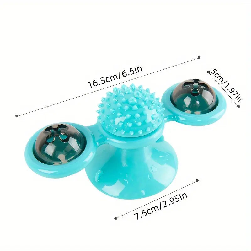 New Windmill Cat Toys Cute Rotating Interactive Cat Toy - Indoor Windmill Cat Toy With Suction Cup Catnip & Jagged Teeth Middle Ball, Smart Kitten Rotating Spinner Exercise Toy, Toothbrush & Massager - VINE GLOBAL