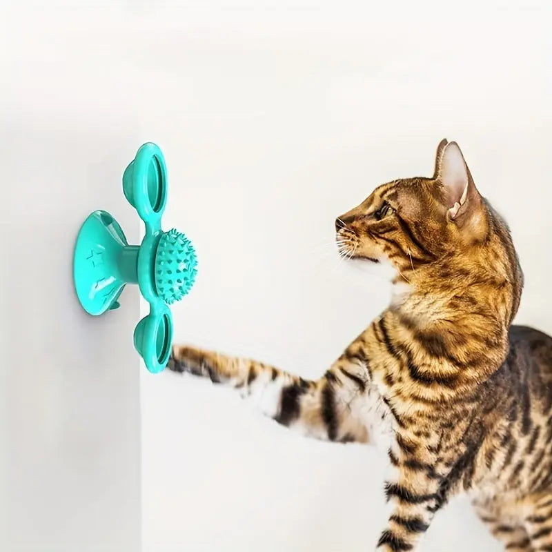New Windmill Cat Toys Cute Rotating Interactive Cat Toy - Indoor Windmill Cat Toy With Suction Cup Catnip & Jagged Teeth Middle Ball, Smart Kitten Rotating Spinner Exercise Toy, Toothbrush & Massager - VINE GLOBAL
