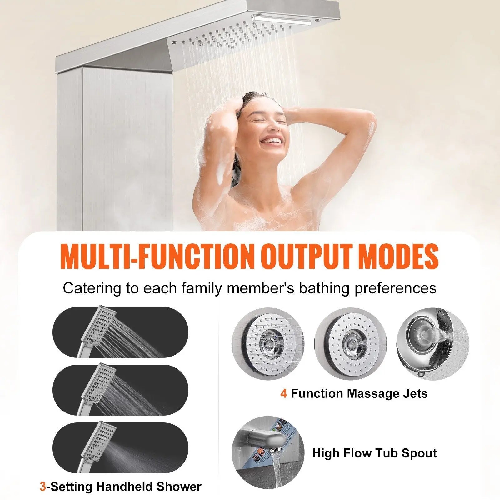 VEVOR Shower Panel System, 6 Shower Modes, LED & Display Shower Panel Tower, Rainfall, Waterfall, 4 Body Massage Jets, Tub Spout, Handheld Shower Head 59" Hose, Stainless Steel Wall-Mounted Shower Set - VINE GLOBAL