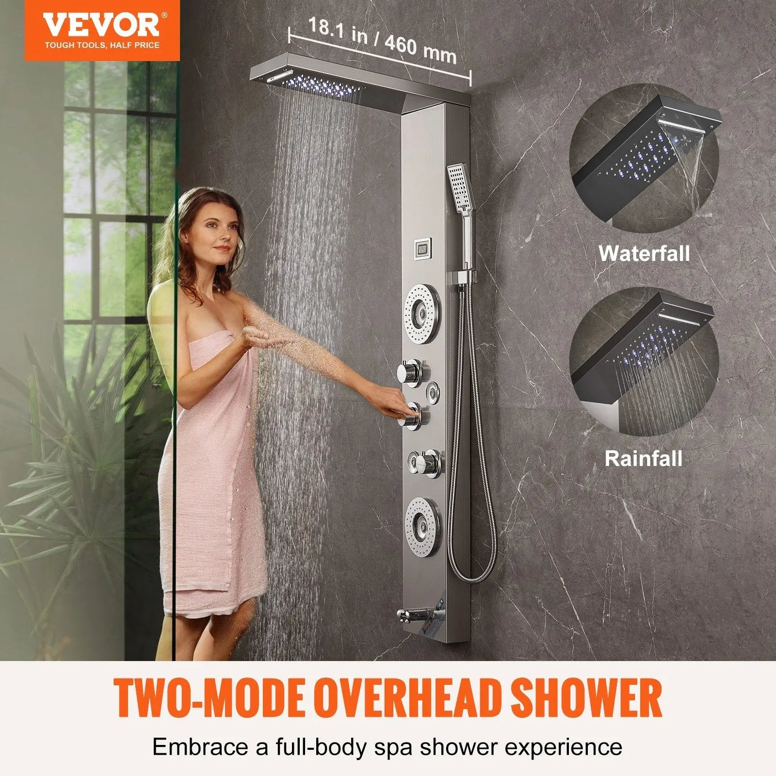 VEVOR Shower Panel System, 6 Shower Modes, LED & Display Shower Panel Tower, Rainfall, Waterfall, 4 Body Massage Jets, Tub Spout, Handheld Shower Head 59" Hose, Stainless Steel Wall-Mounted Shower Set - VINE GLOBAL