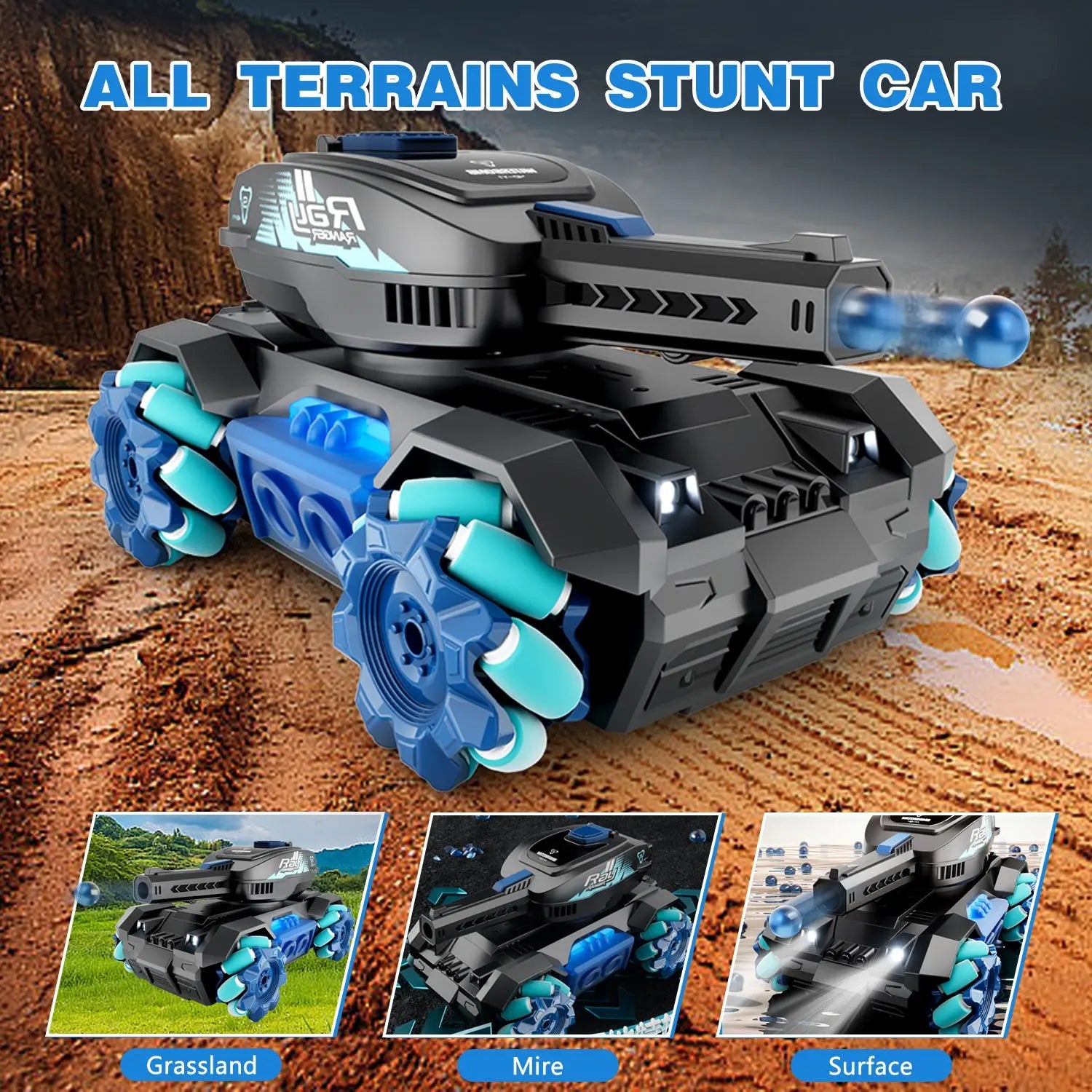 4DRC Y1 RC Crawler Scale Water Bullet Shooting Remote Control Cars,Kids 4WD Battle Stunt Car,All Terrain RC Truck with 360°Rotating,Toy Gift for Boys Girls Kids,Blue - VINE GLOBAL