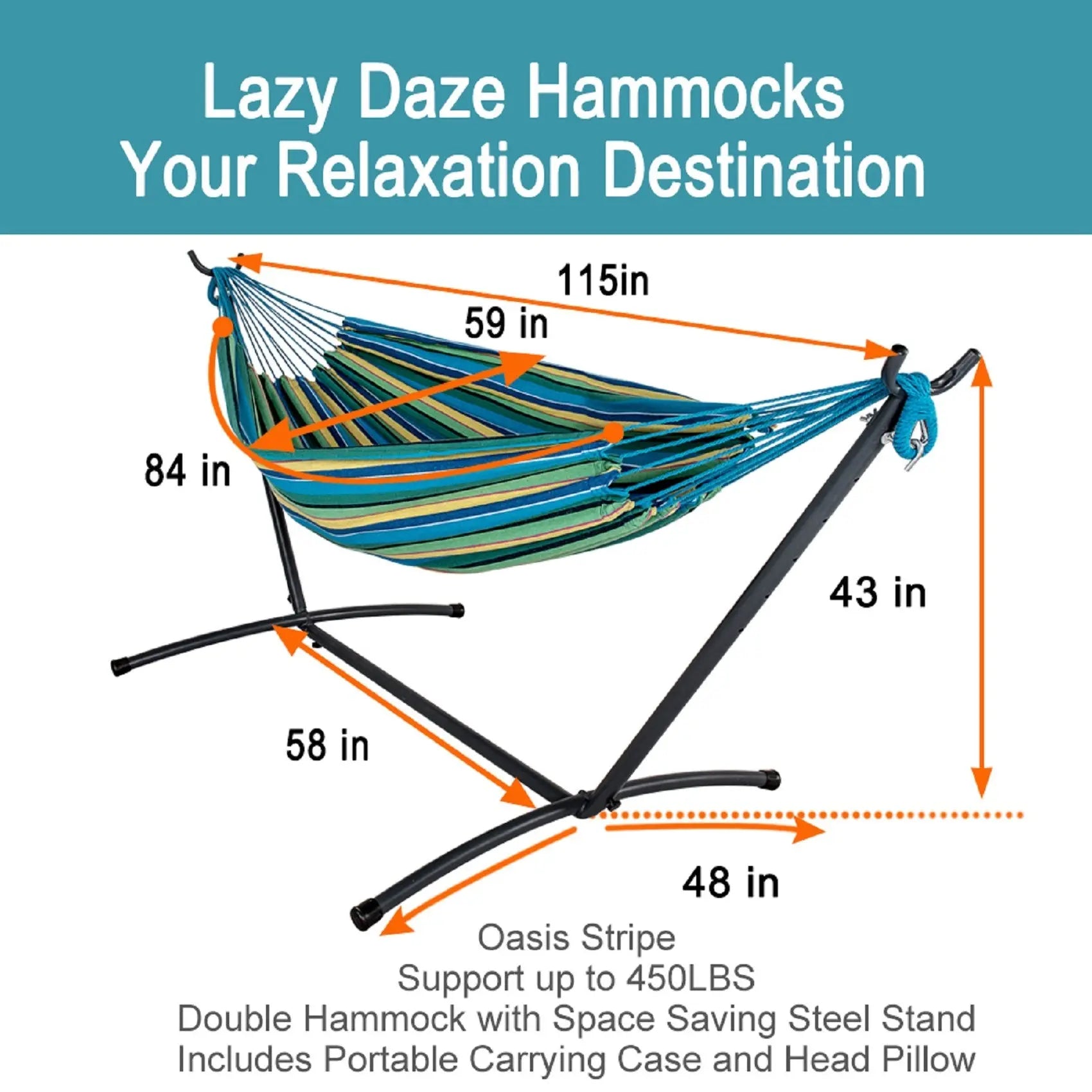 Double Hammock with Space Saving Steel Stand Includes Portable Carrying Case and Head Pillow, 450 Pounds Capacity - VINE GLOBAL