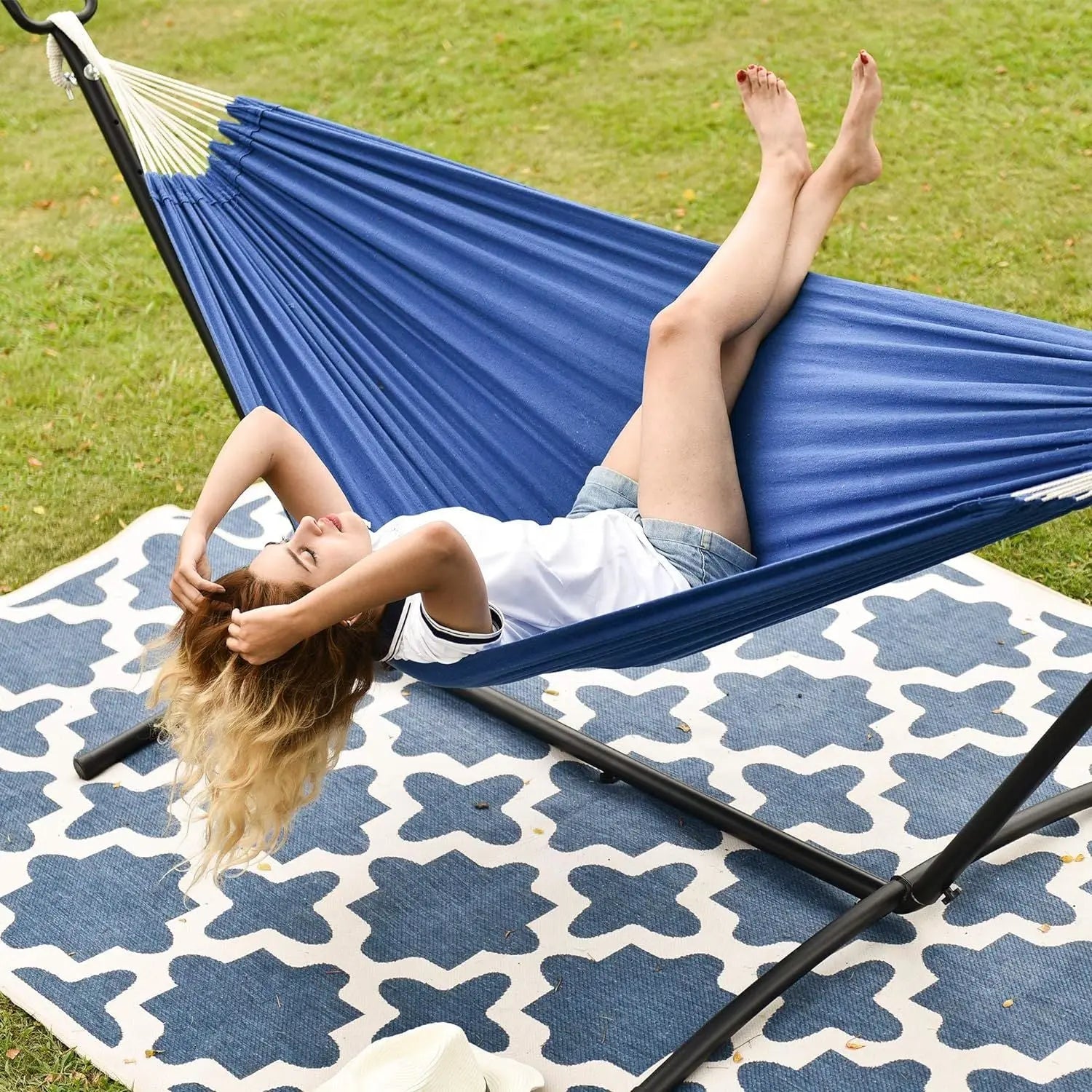 Double Hammock with Space Saving Steel Stand Includes Portable Carrying Case and Head Pillow, 450 Pounds Capacity - VINE GLOBAL