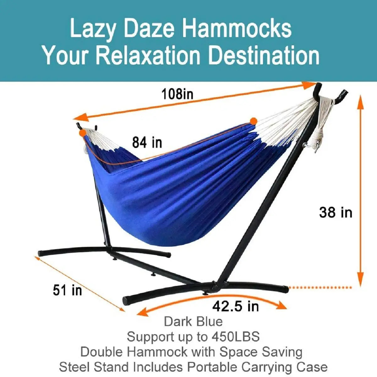 Double Hammock with Space Saving Steel Stand Includes Portable Carrying Case and Head Pillow, 450 Pounds Capacity - VINE GLOBAL