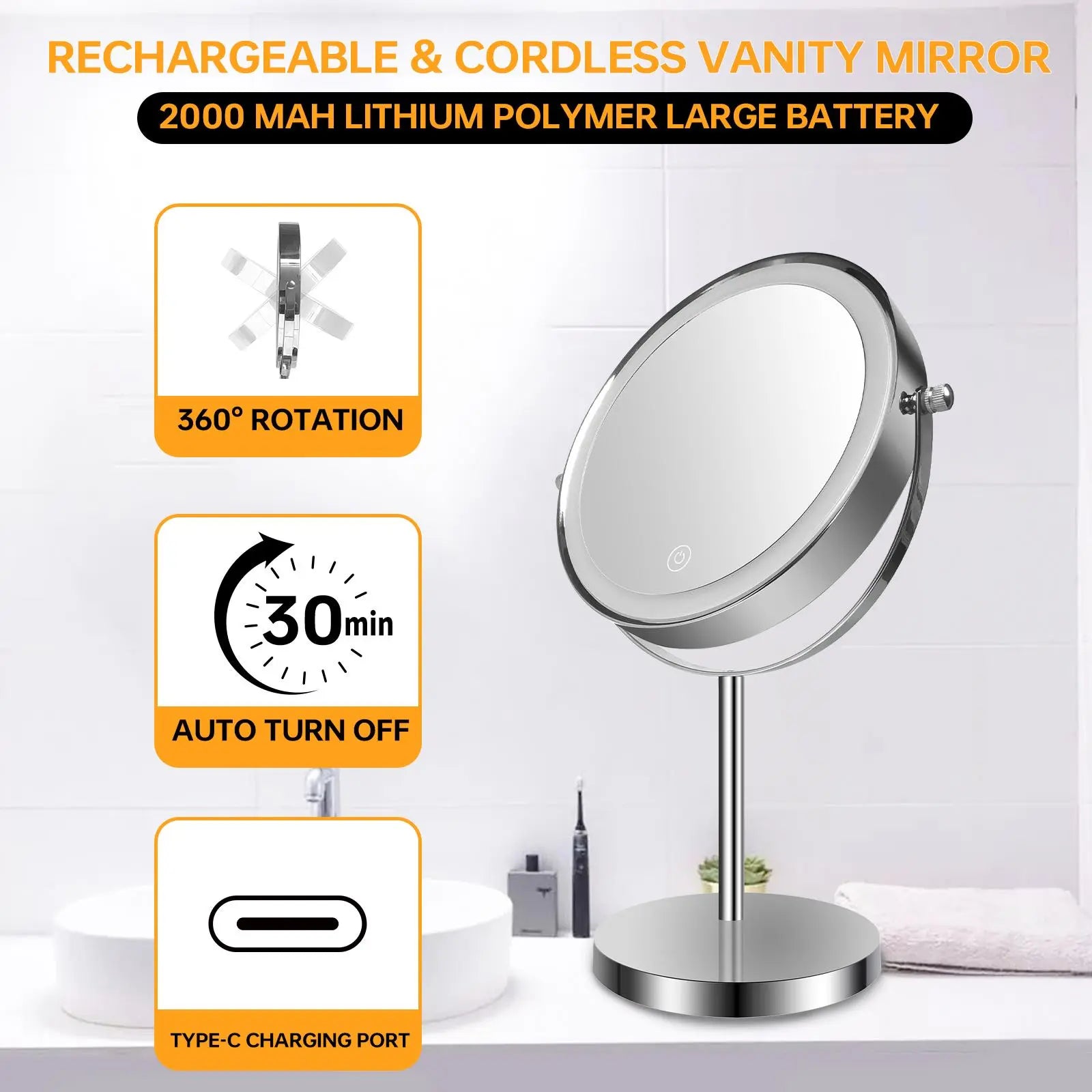 8-inch Makeup Mirror with Lights, Double Sided 1X/10X Magnifying Mirror, 3 Color Lighting Dimmable Vanity Mirror with 360° Swivel , Built-In Battery Operated - VINE GLOBAL