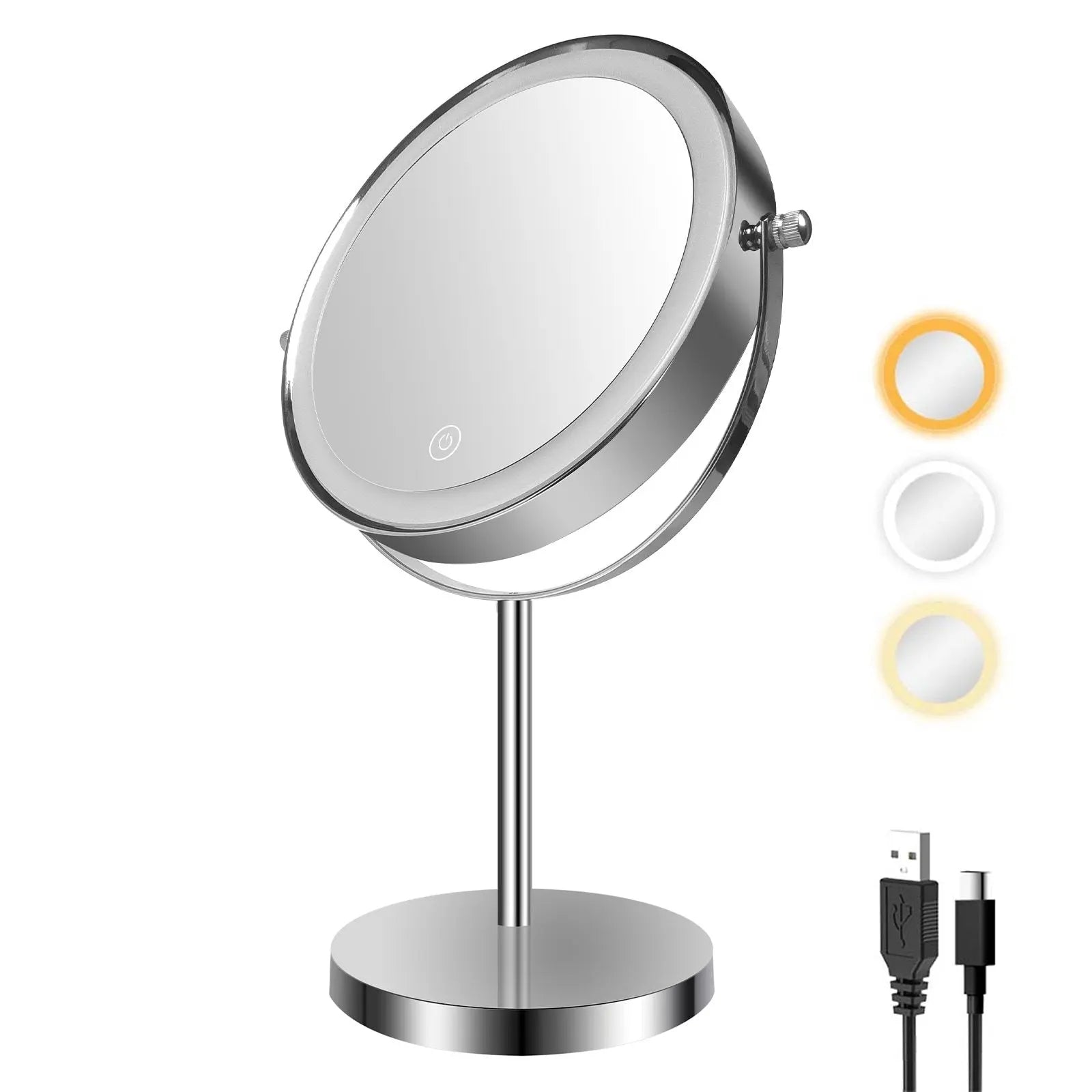 8-inch Makeup Mirror with Lights, Double Sided 1X/10X Magnifying Mirror, 3 Color Lighting Dimmable Vanity Mirror with 360° Swivel , Built-In Battery Operated - VINE GLOBAL
