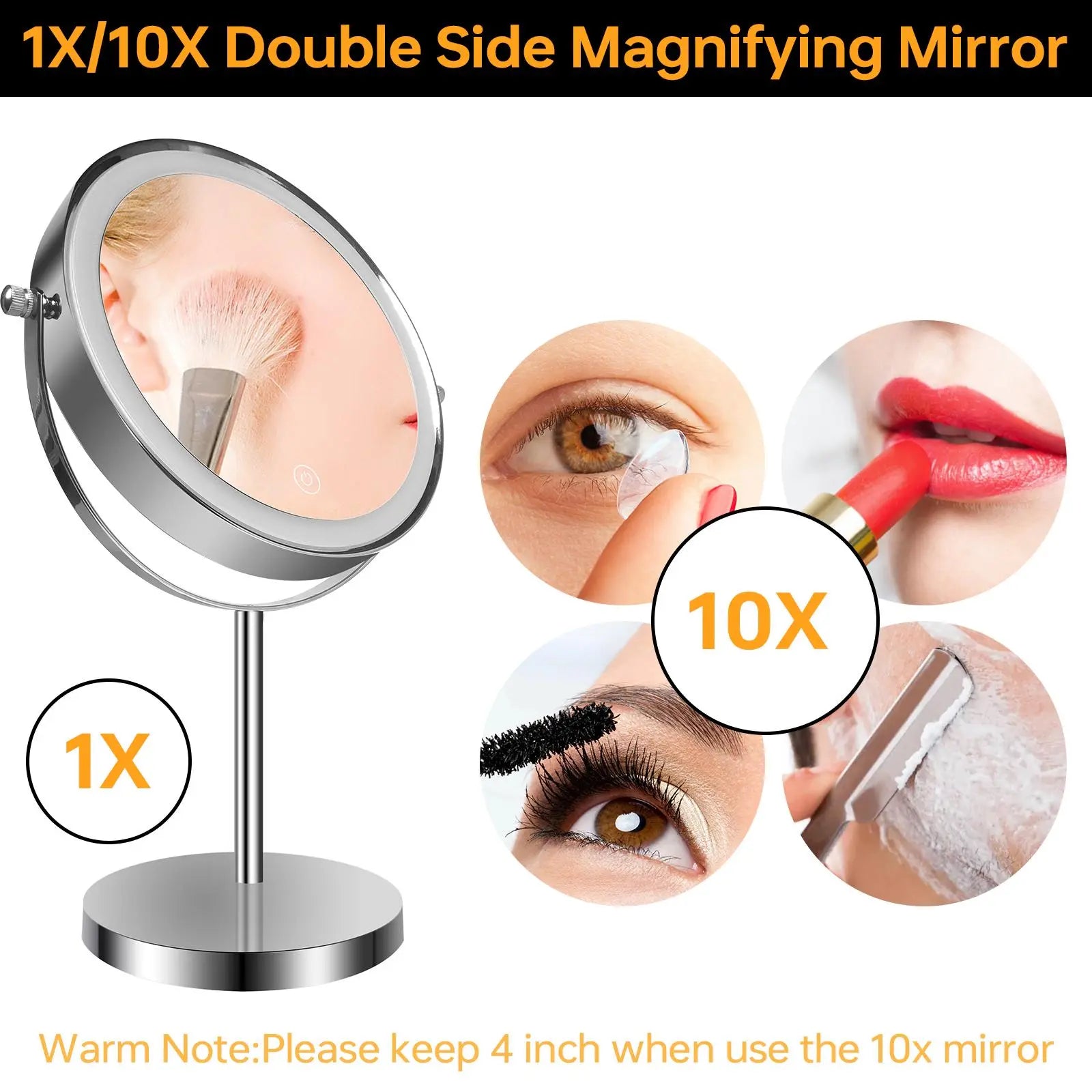 8-inch Makeup Mirror with Lights, Double Sided 1X/10X Magnifying Mirror, 3 Color Lighting Dimmable Vanity Mirror with 360° Swivel , Built-In Battery Operated - VINE GLOBAL
