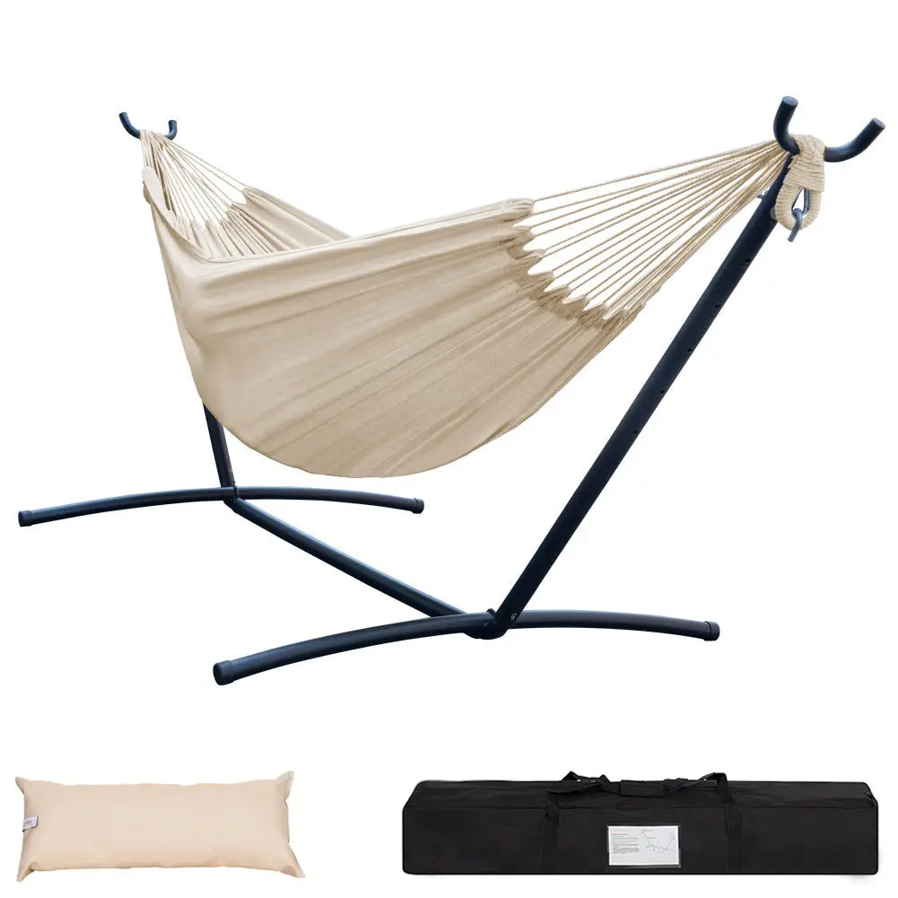 Double Hammock with Space Saving Steel Stand Includes Portable Carrying Case and Head Pillow, 450 Pounds Capacity - VINE GLOBAL