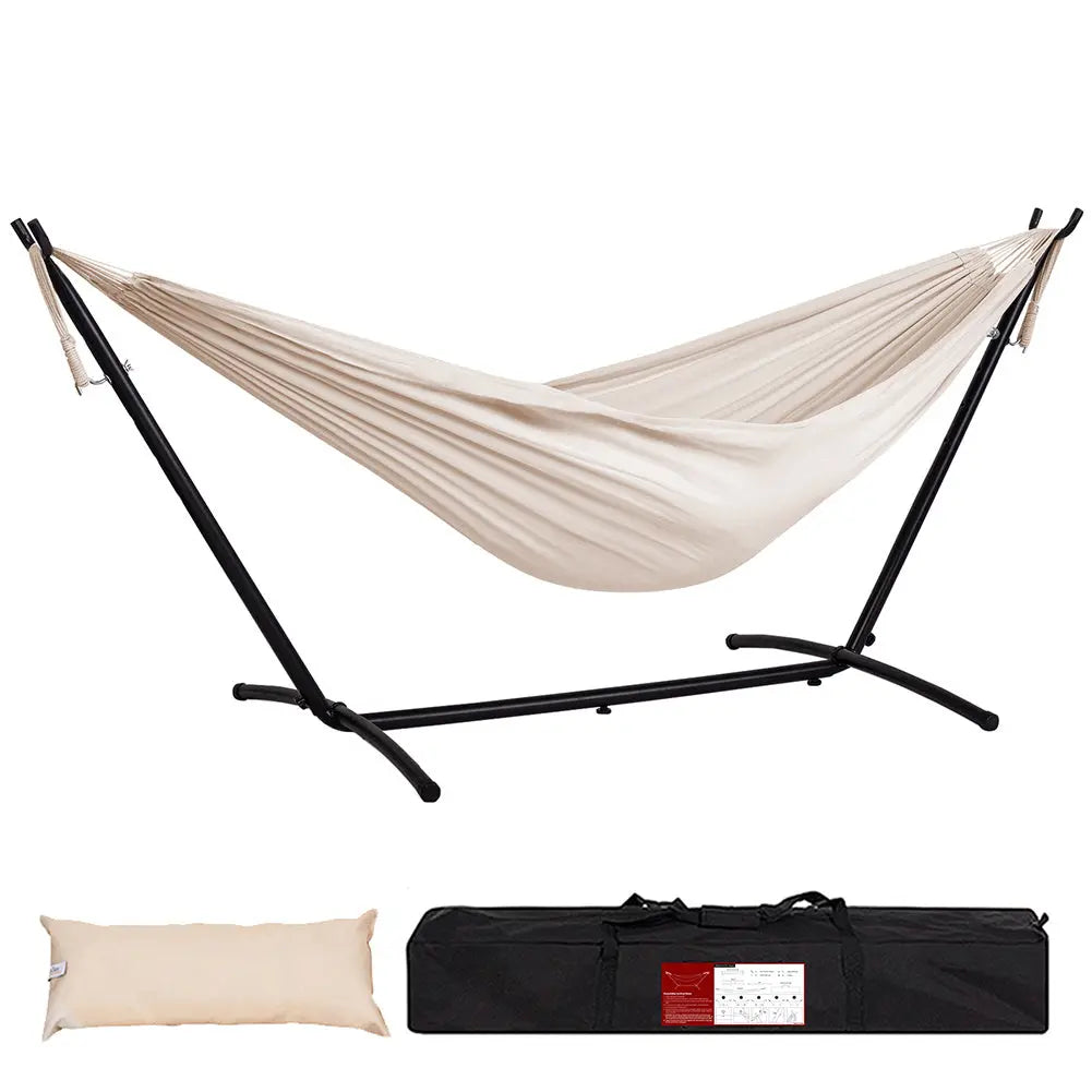 Double Hammock with Space Saving Steel Stand Includes Portable Carrying Case and Head Pillow, 450 Pounds Capacity - VINE GLOBAL