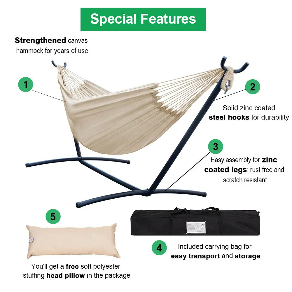 Double Hammock with Space Saving Steel Stand Includes Portable Carrying Case and Head Pillow, 450 Pounds Capacity - VINE GLOBAL