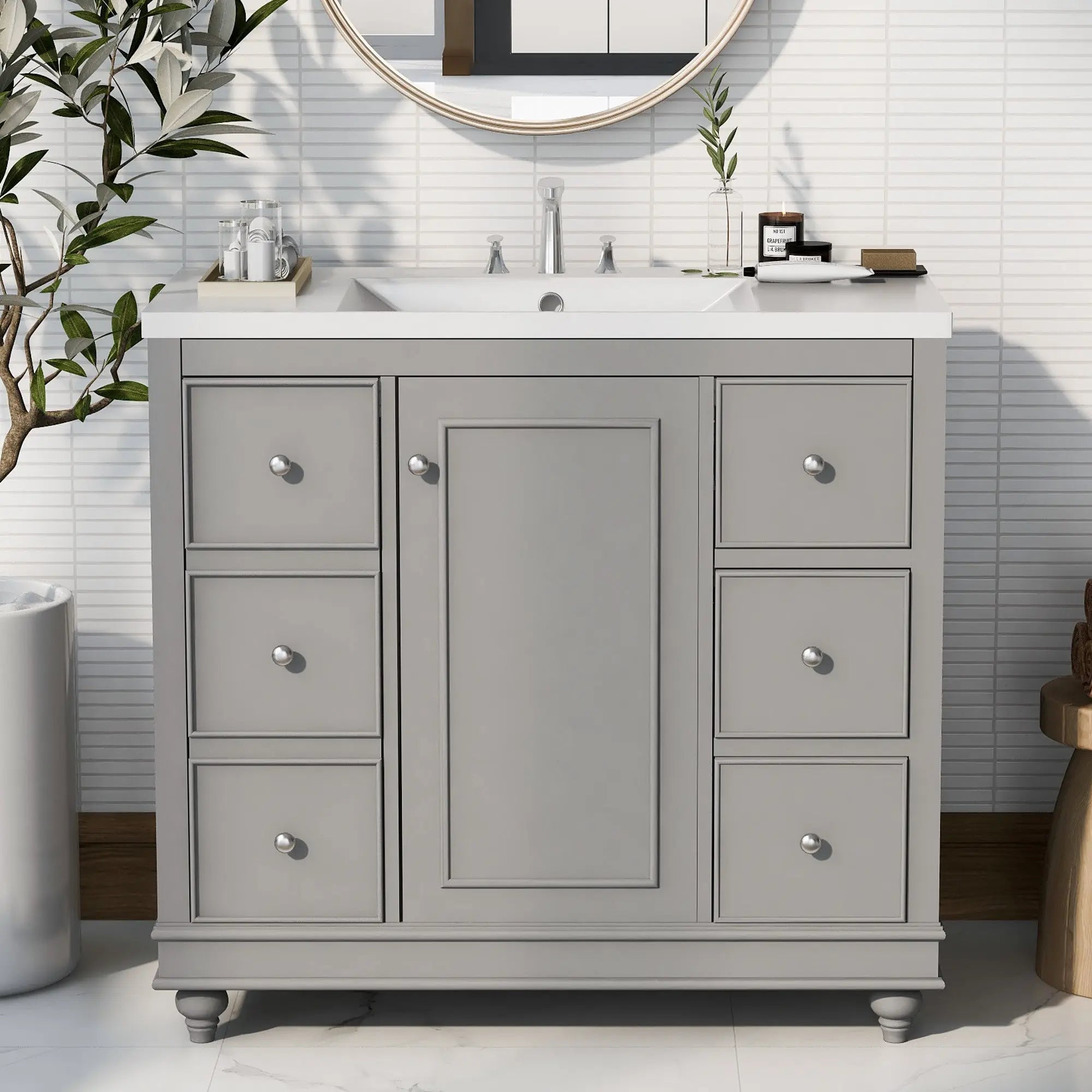 Contemporary Bathroom Vanity Cabinet - 36x18x34 inches, 4 Drawers & 1 Cabinet Door, Multipurpose Storage, Resin Integrated Sink, Adjustable Shelves, Solid Wood Frame with MDF - VINE GLOBAL
