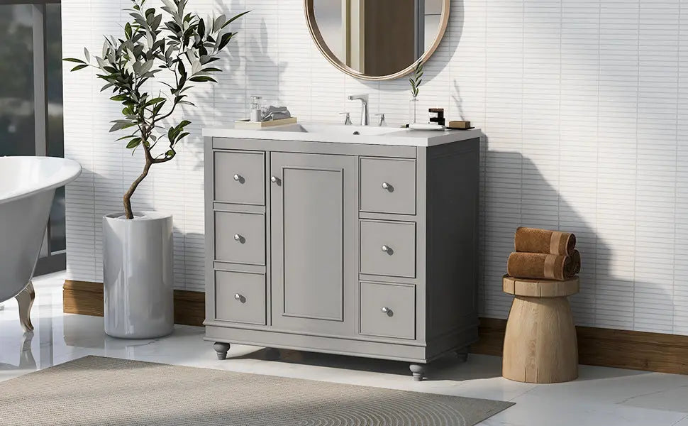 Contemporary Bathroom Vanity Cabinet - 36x18x34 inches, 4 Drawers & 1 Cabinet Door, Multipurpose Storage, Resin Integrated Sink, Adjustable Shelves, Solid Wood Frame with MDF - VINE GLOBAL