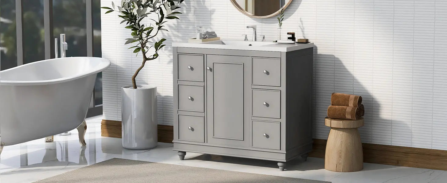 Contemporary Bathroom Vanity Cabinet - 36x18x34 inches, 4 Drawers & 1 Cabinet Door, Multipurpose Storage, Resin Integrated Sink, Adjustable Shelves, Solid Wood Frame with MDF - VINE GLOBAL