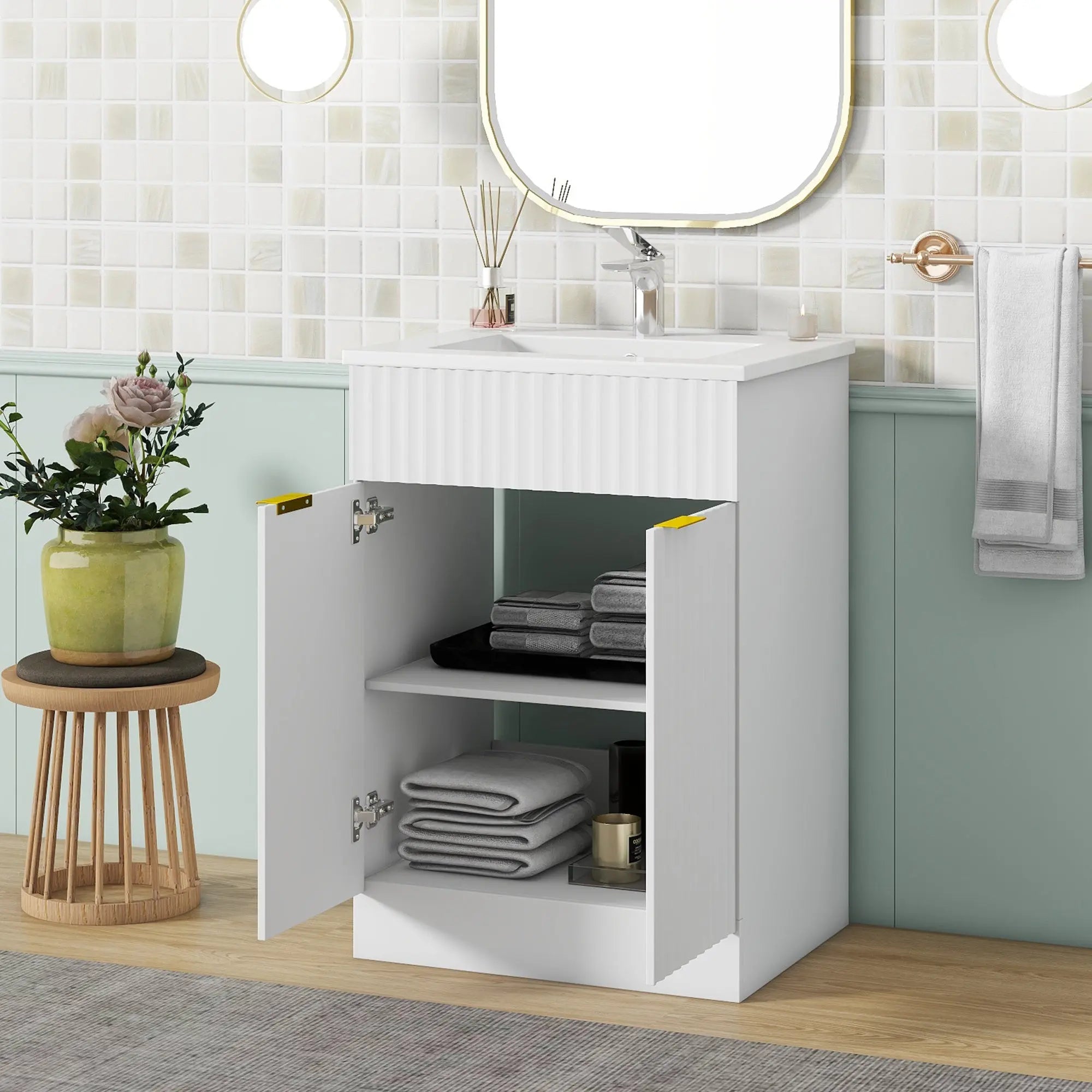 [Video]24inch modern bathroom vanity for small bathroom,white storge cabinet with ceramic sink - VINE GLOBAL