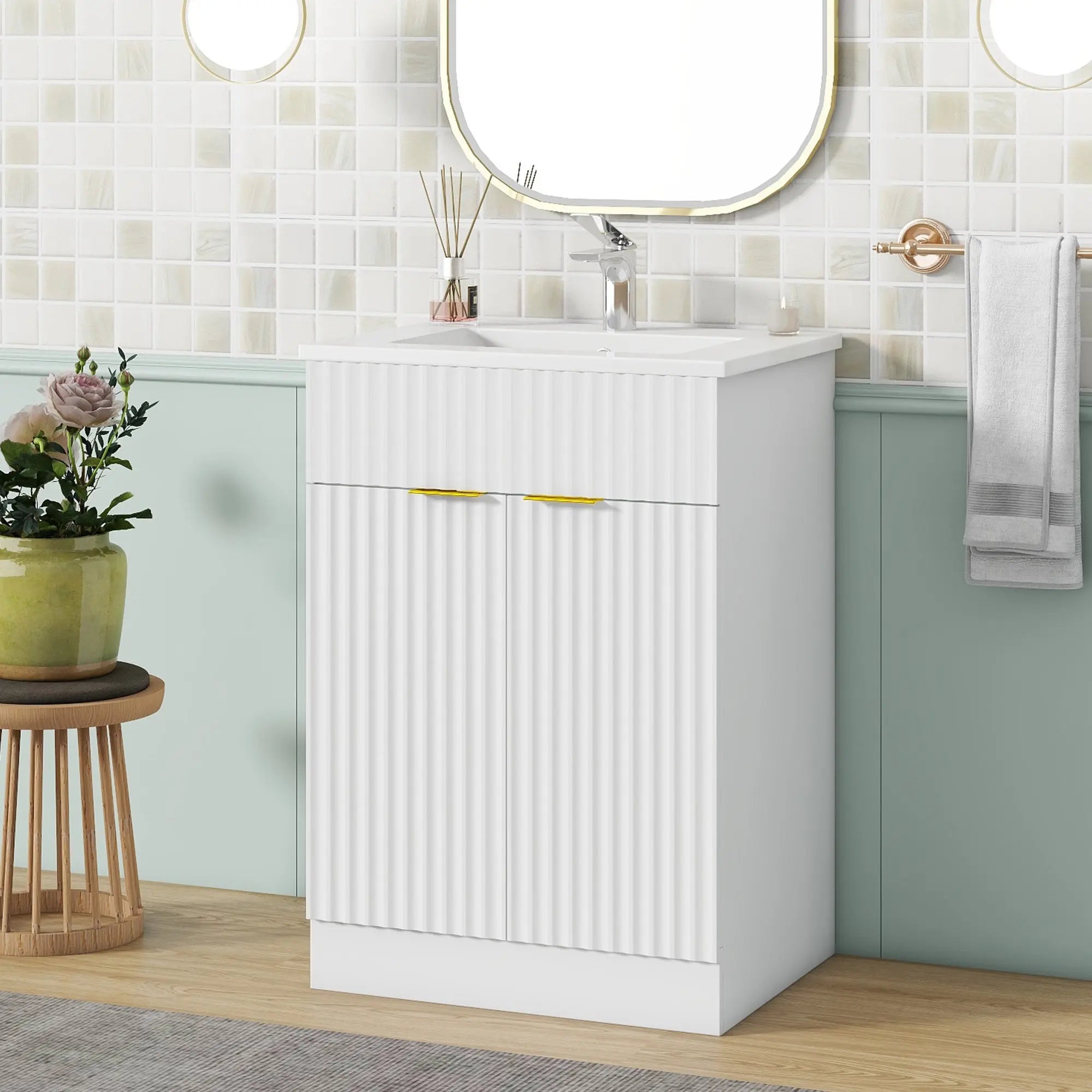 [Video]24inch modern bathroom vanity for small bathroom,white storge cabinet with ceramic sink - VINE GLOBAL
