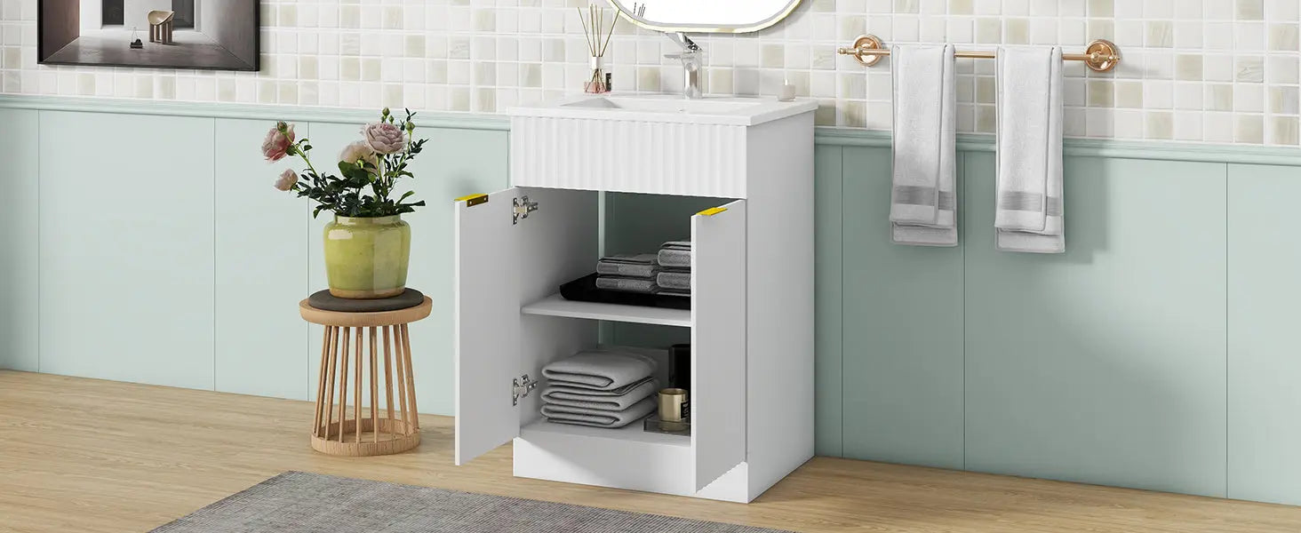 [Video]24inch modern bathroom vanity for small bathroom,white storge cabinet with ceramic sink - VINE GLOBAL