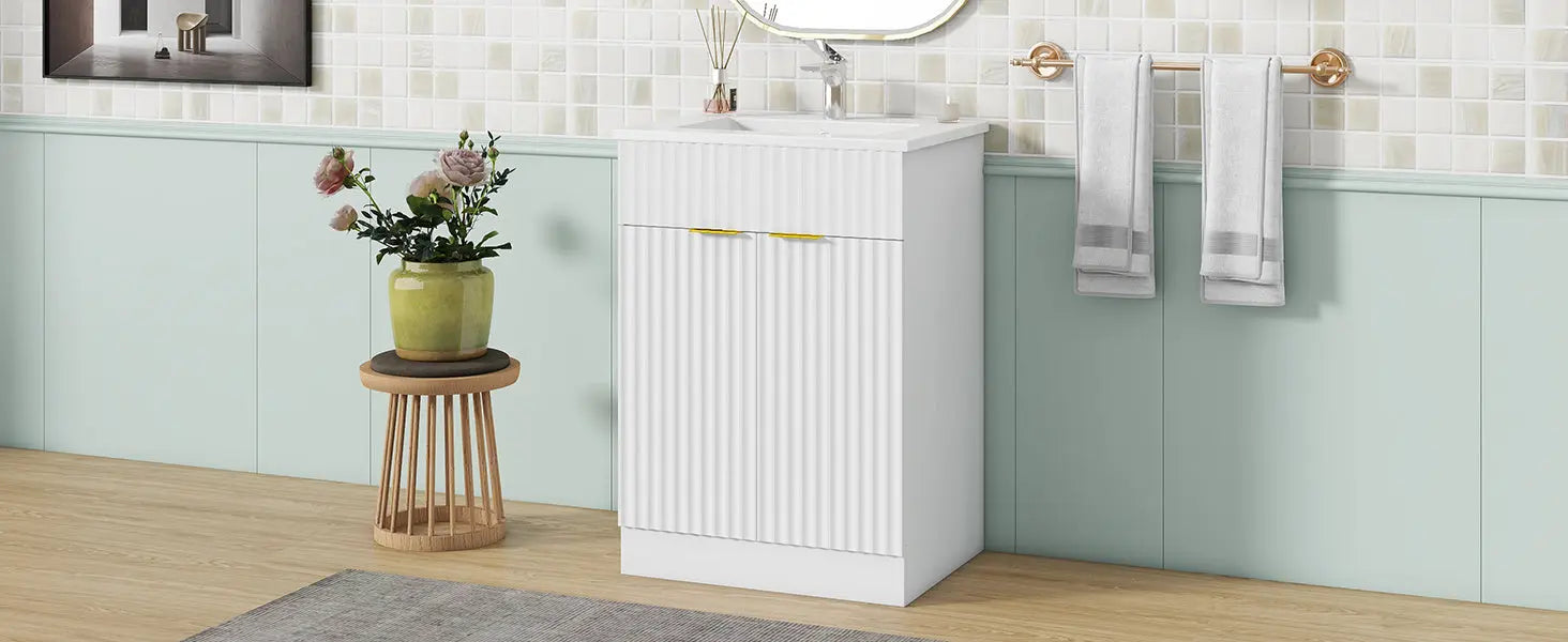 [Video]24inch modern bathroom vanity for small bathroom,white storge cabinet with ceramic sink - VINE GLOBAL