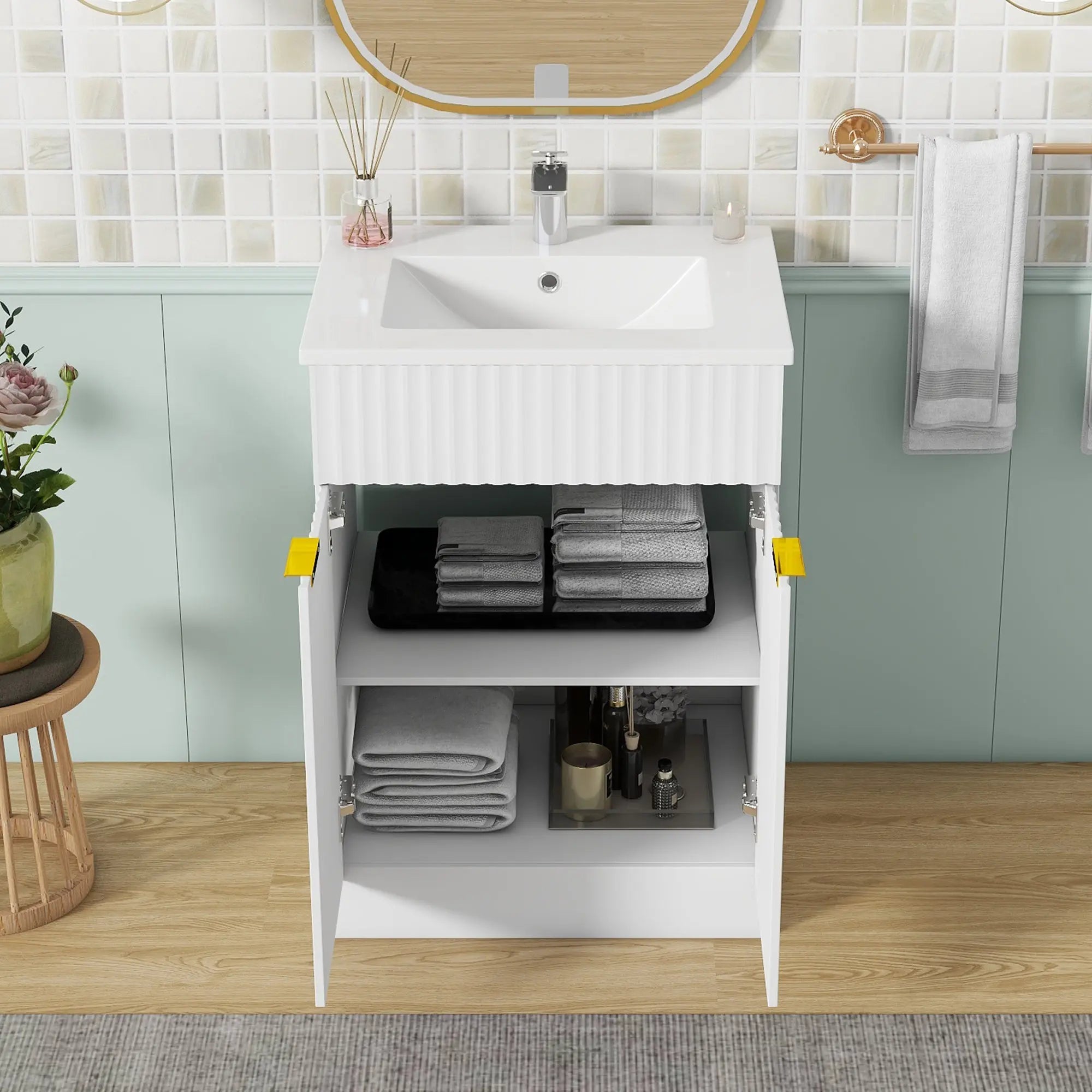 [Video]24inch modern bathroom vanity for small bathroom,white storge cabinet with ceramic sink - VINE GLOBAL