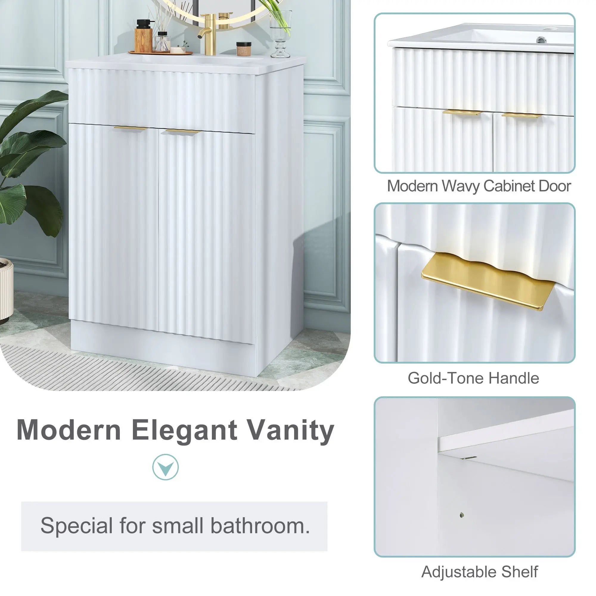 [Video]24inch modern bathroom vanity for small bathroom,white storge cabinet with ceramic sink - VINE GLOBAL