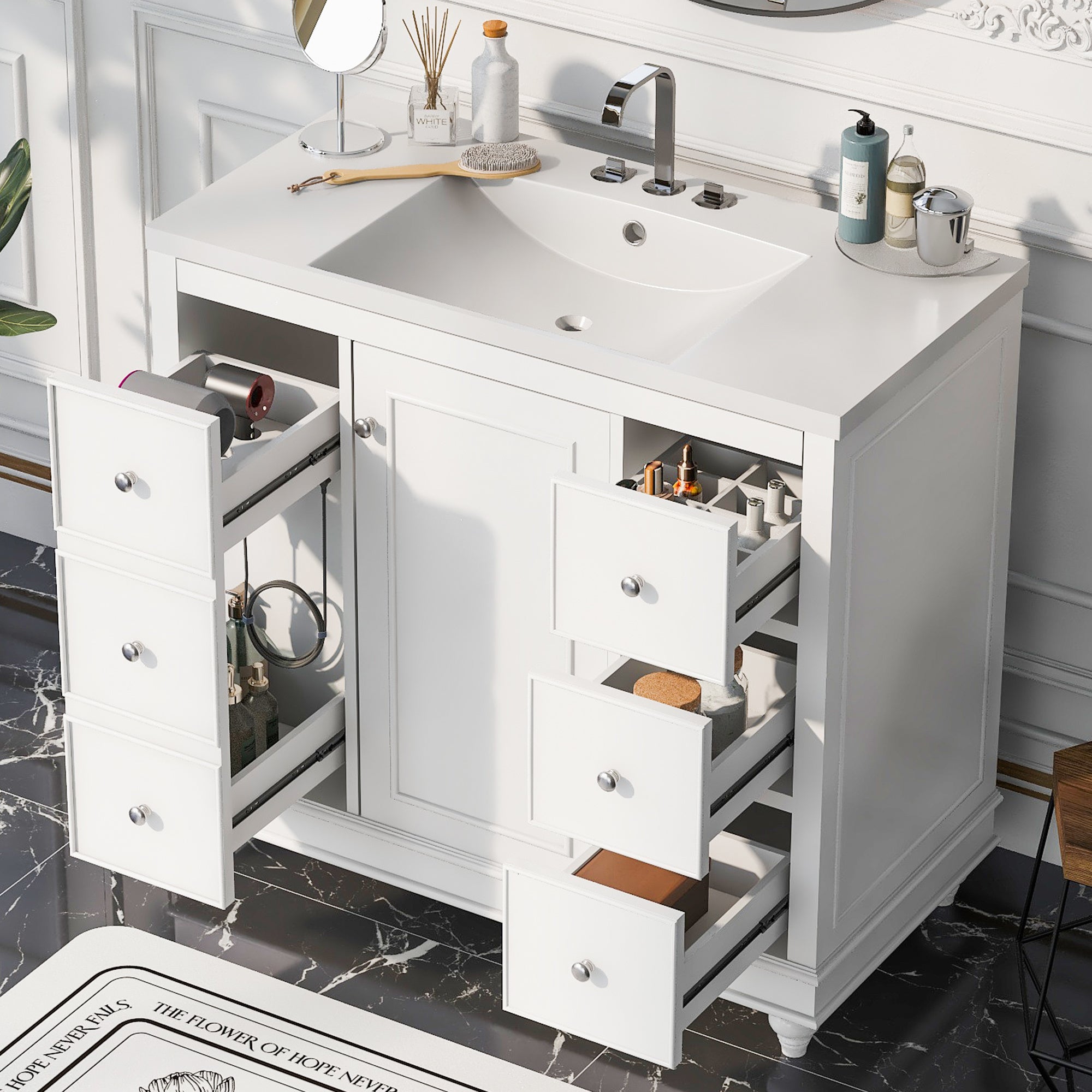 Contemporary Bathroom Vanity Cabinet - 36x18x34 inches, 4 Drawers & 1 Cabinet Door, Multipurpose Storage, Resin Integrated Sink, Adjustable Shelves, Solid Wood Frame with MDF - VINE GLOBAL