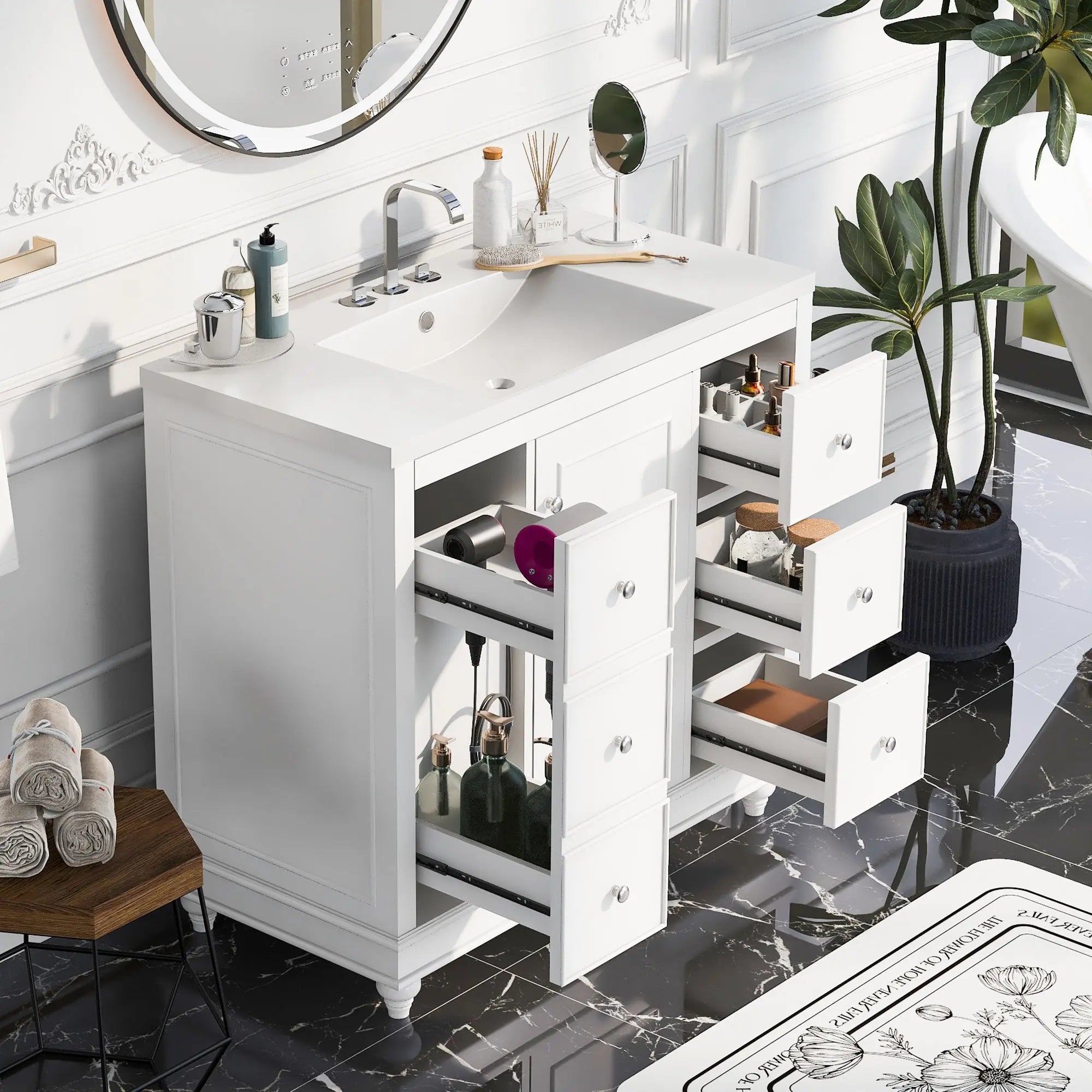 Contemporary Bathroom Vanity Cabinet - 36x18x34 inches, 4 Drawers & 1 Cabinet Door, Multipurpose Storage, Resin Integrated Sink, Adjustable Shelves, Solid Wood Frame with MDF - VINE GLOBAL