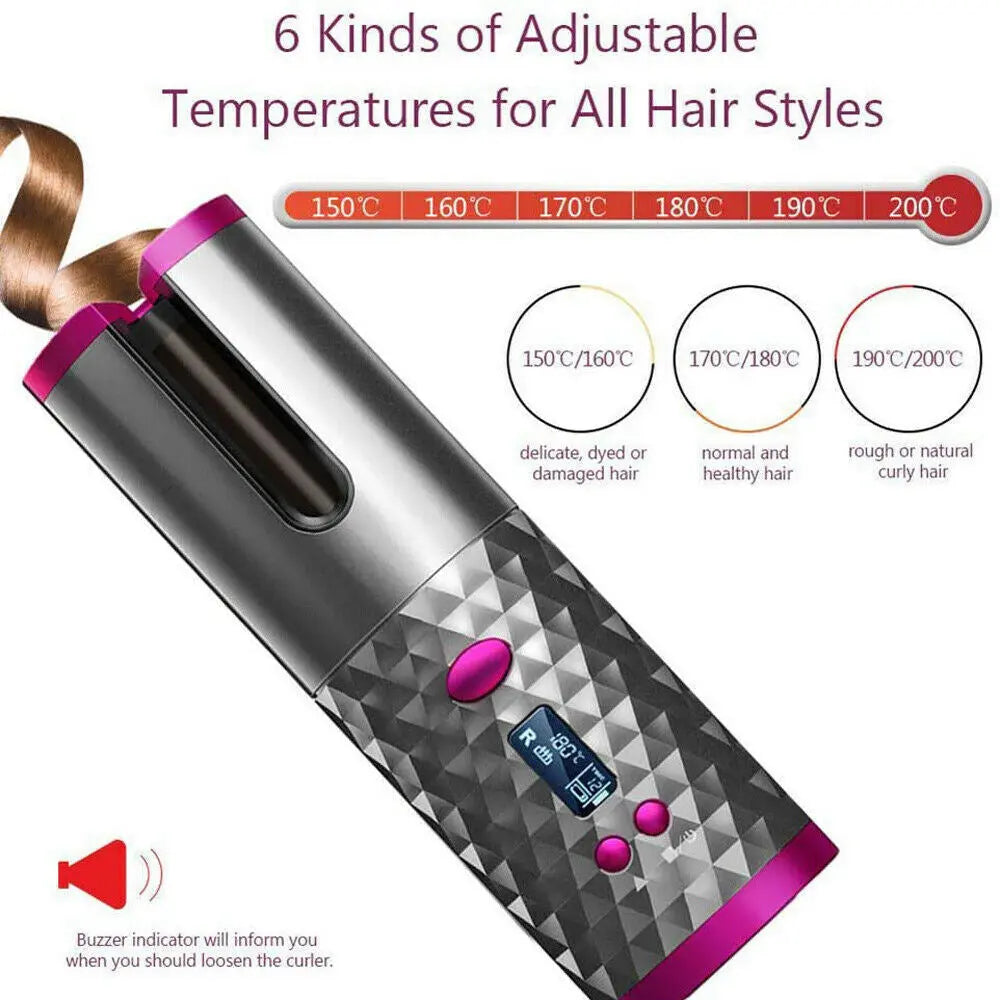 Electric LCD Display Automatic Rotating Cordless Hair Curler Fast Curling Iron Tongs Portable USB Rechargeable With Comb Safe USB Cordless Automatic Rotating Hair Curler Hair Waver Curling Iron - VINE GLOBAL