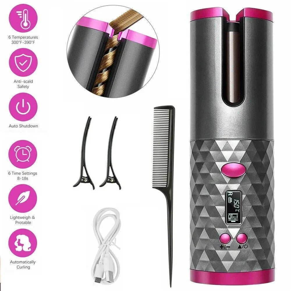 Electric LCD Display Automatic Rotating Cordless Hair Curler Fast Curling Iron Tongs Portable USB Rechargeable With Comb Safe USB Cordless Automatic Rotating Hair Curler Hair Waver Curling Iron - VINE GLOBAL