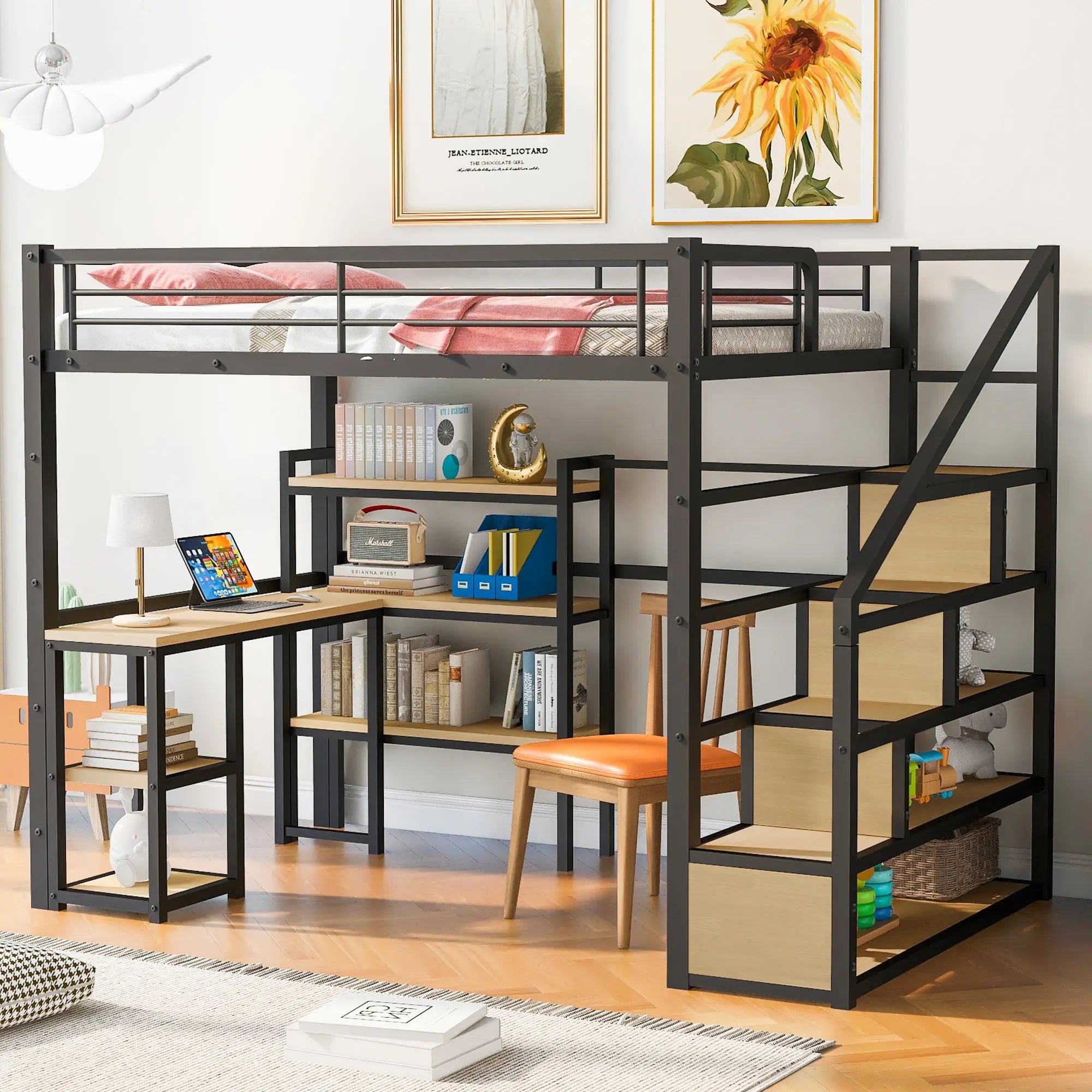 Full Size Metal Loft bed with Staircase, Built-in Desk and Shelves - VINE GLOBAL