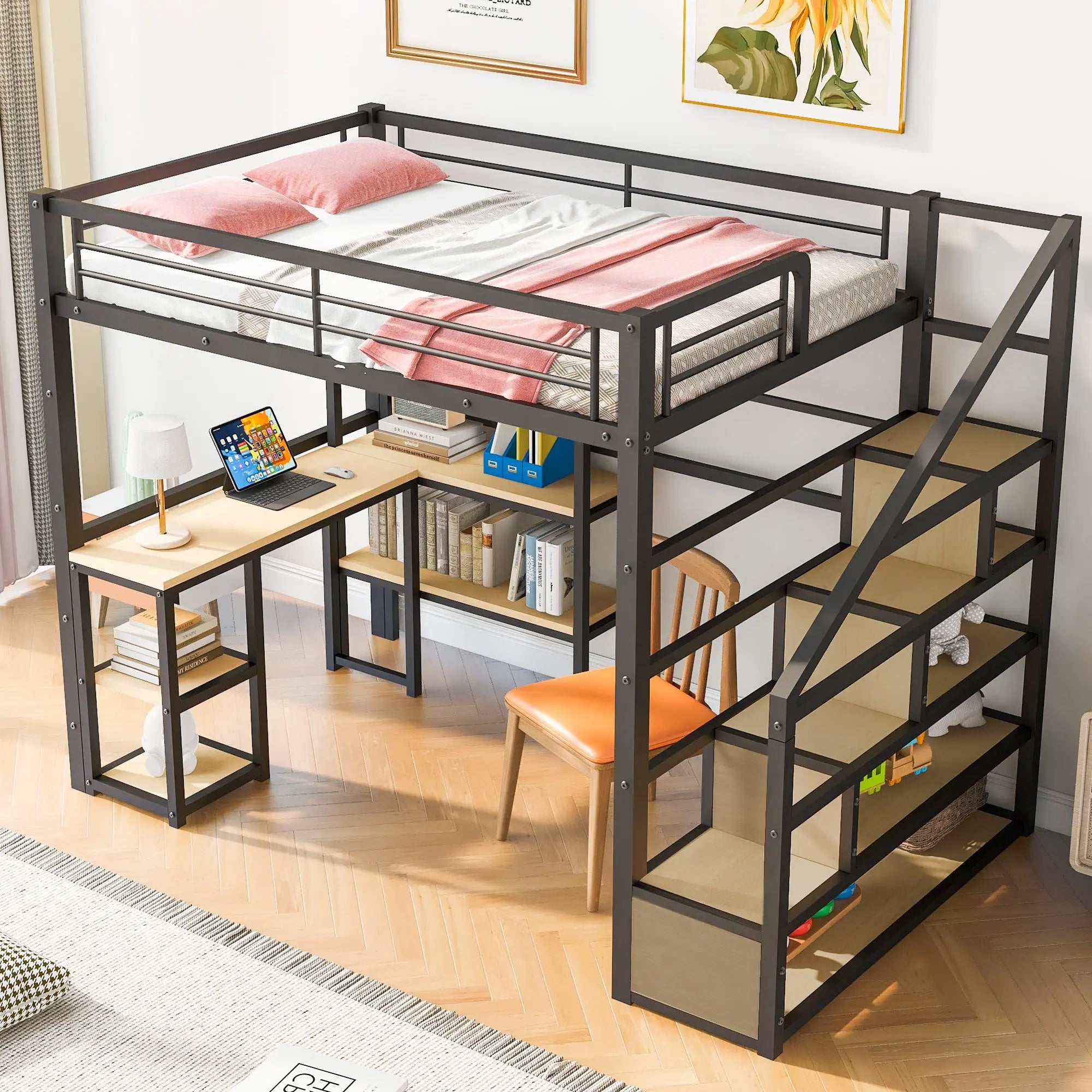 Full Size Metal Loft bed with Staircase, Built-in Desk and Shelves - VINE GLOBAL