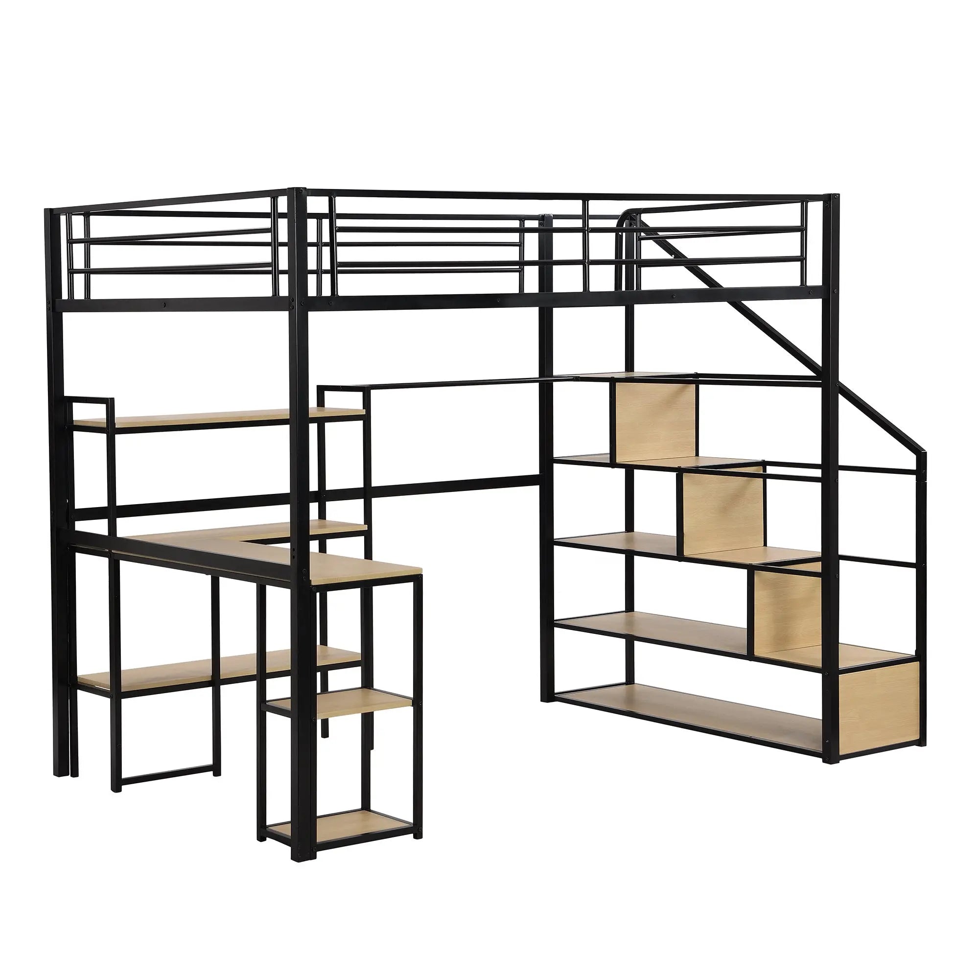 Full Size Metal Loft bed with Staircase, Built-in Desk and Shelves - VINE GLOBAL