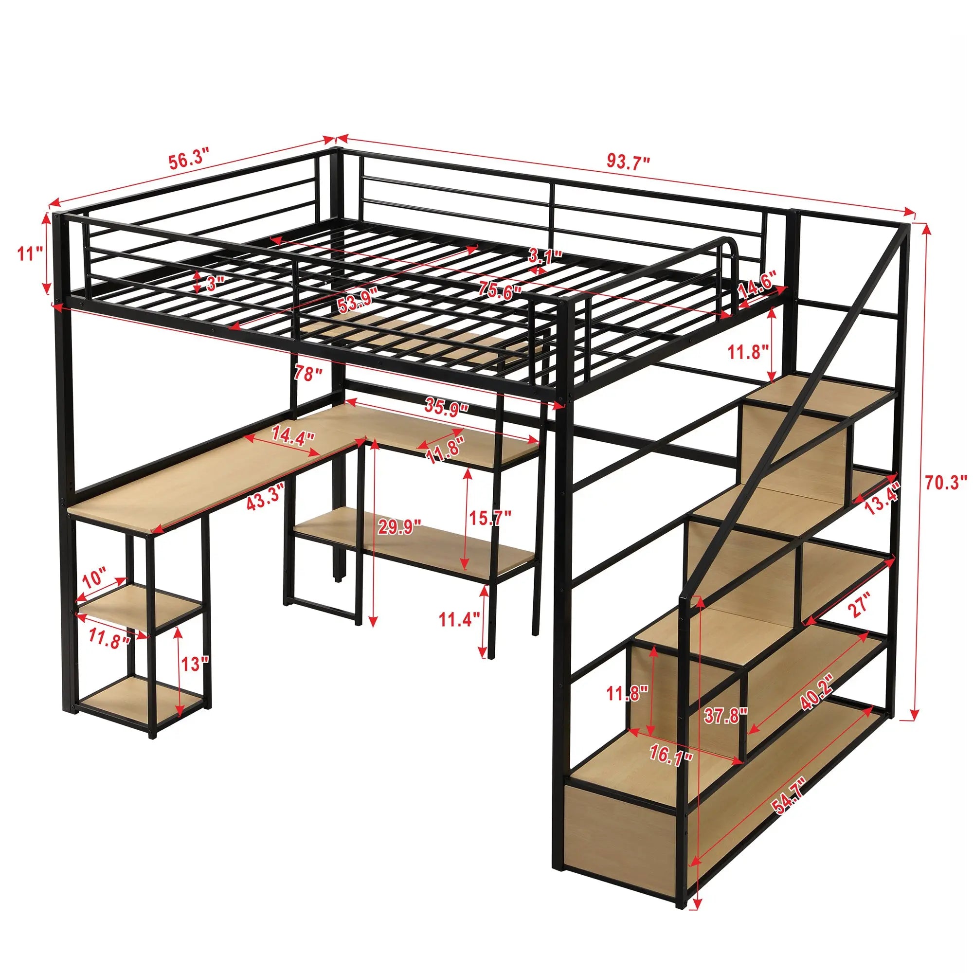 Full Size Metal Loft bed with Staircase, Built-in Desk and Shelves - VINE GLOBAL