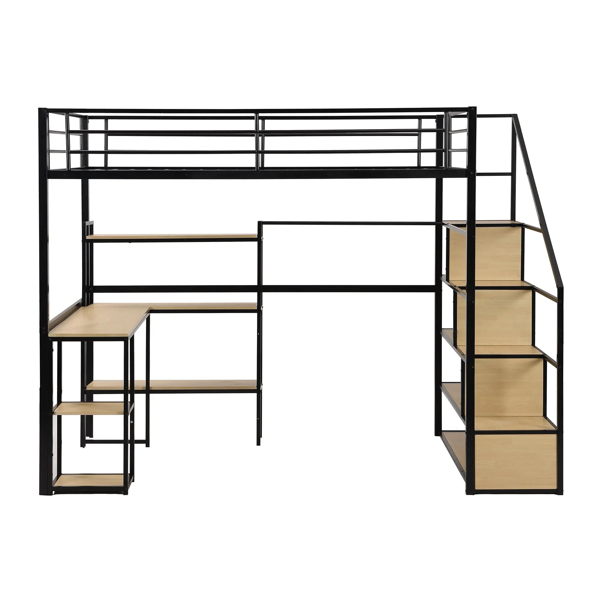 Full Size Metal Loft bed with Staircase, Built-in Desk and Shelves - VINE GLOBAL