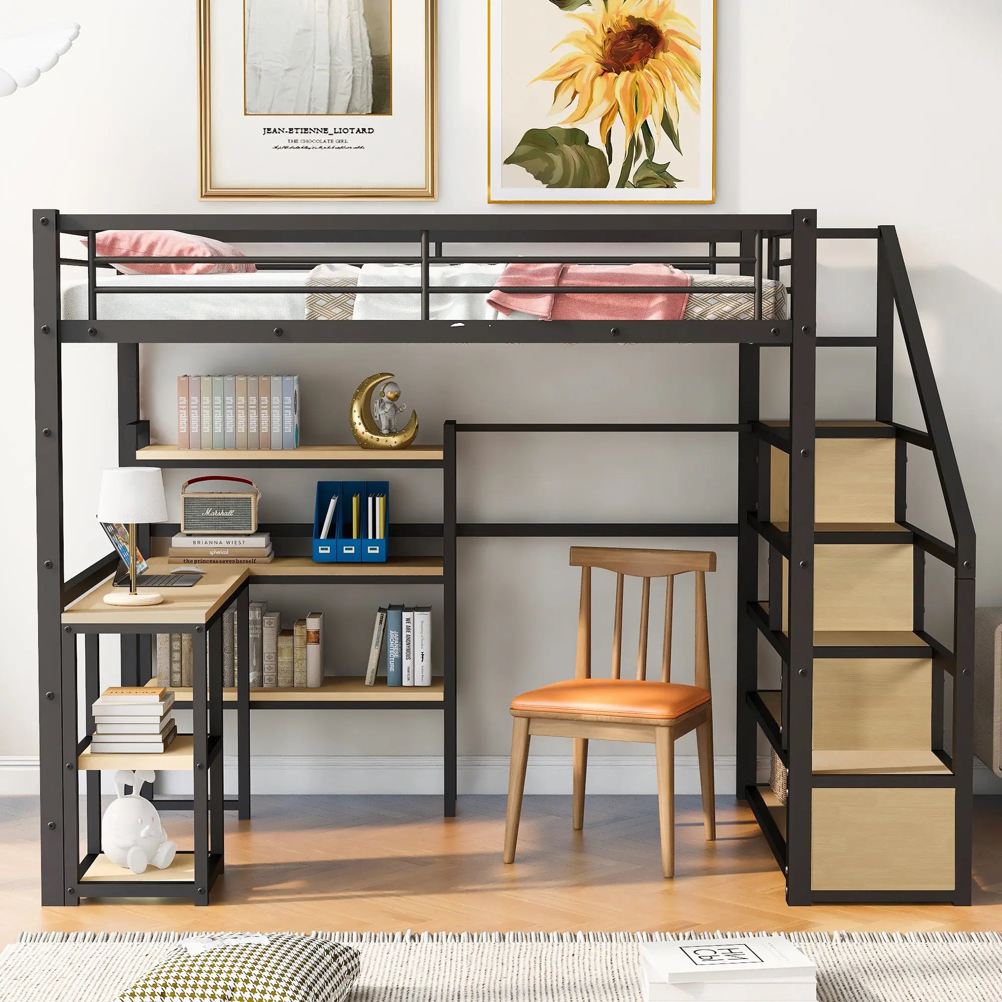 Full Size Metal Loft bed with Staircase, Built-in Desk and Shelves - VINE GLOBAL