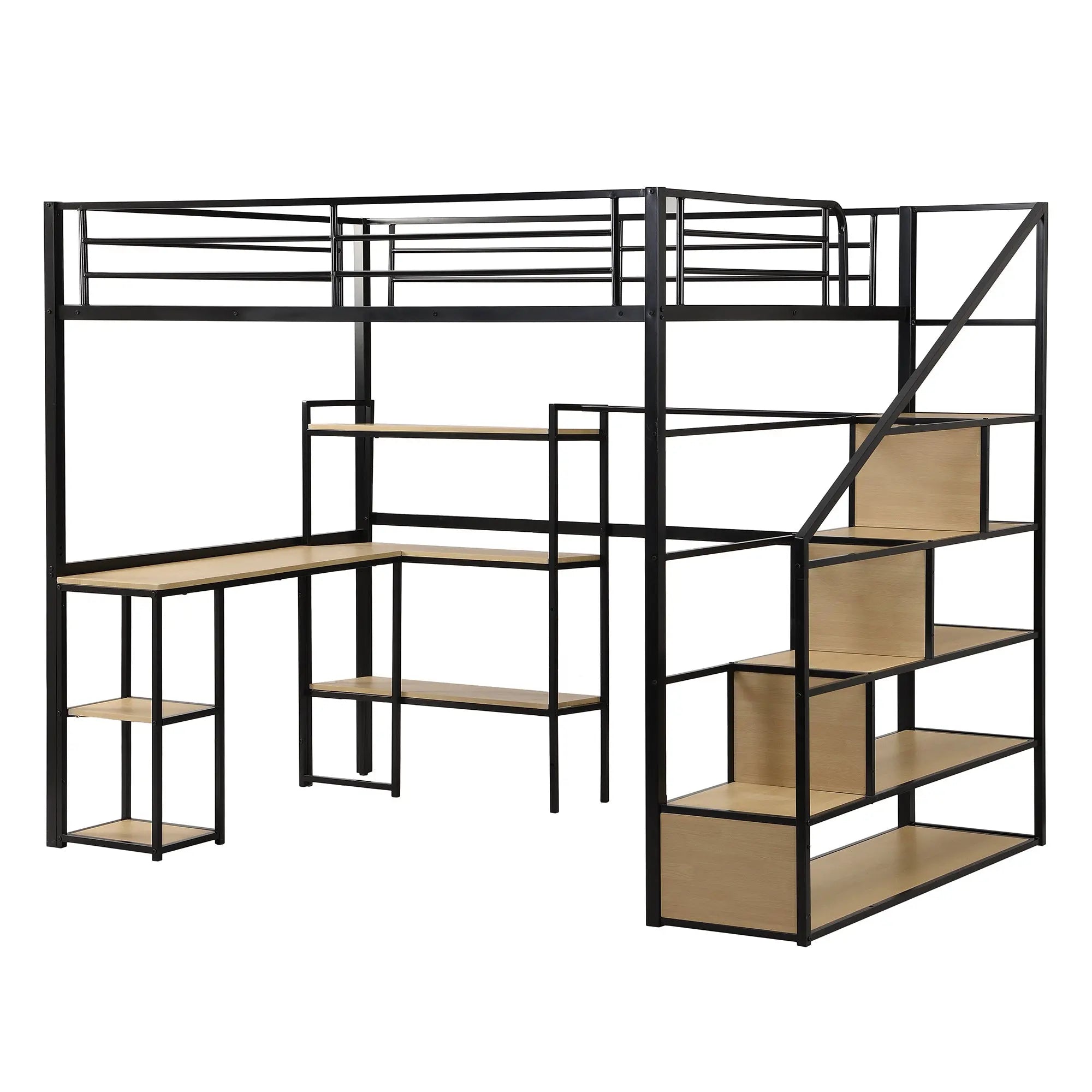 Full Size Metal Loft bed with Staircase, Built-in Desk and Shelves - VINE GLOBAL
