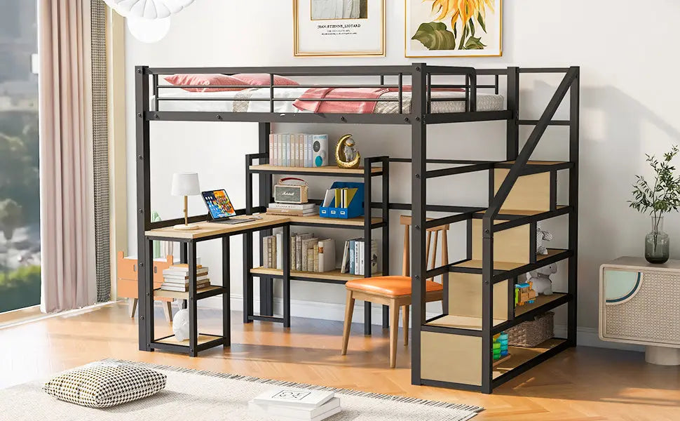 Full Size Metal Loft bed with Staircase, Built-in Desk and Shelves - VINE GLOBAL
