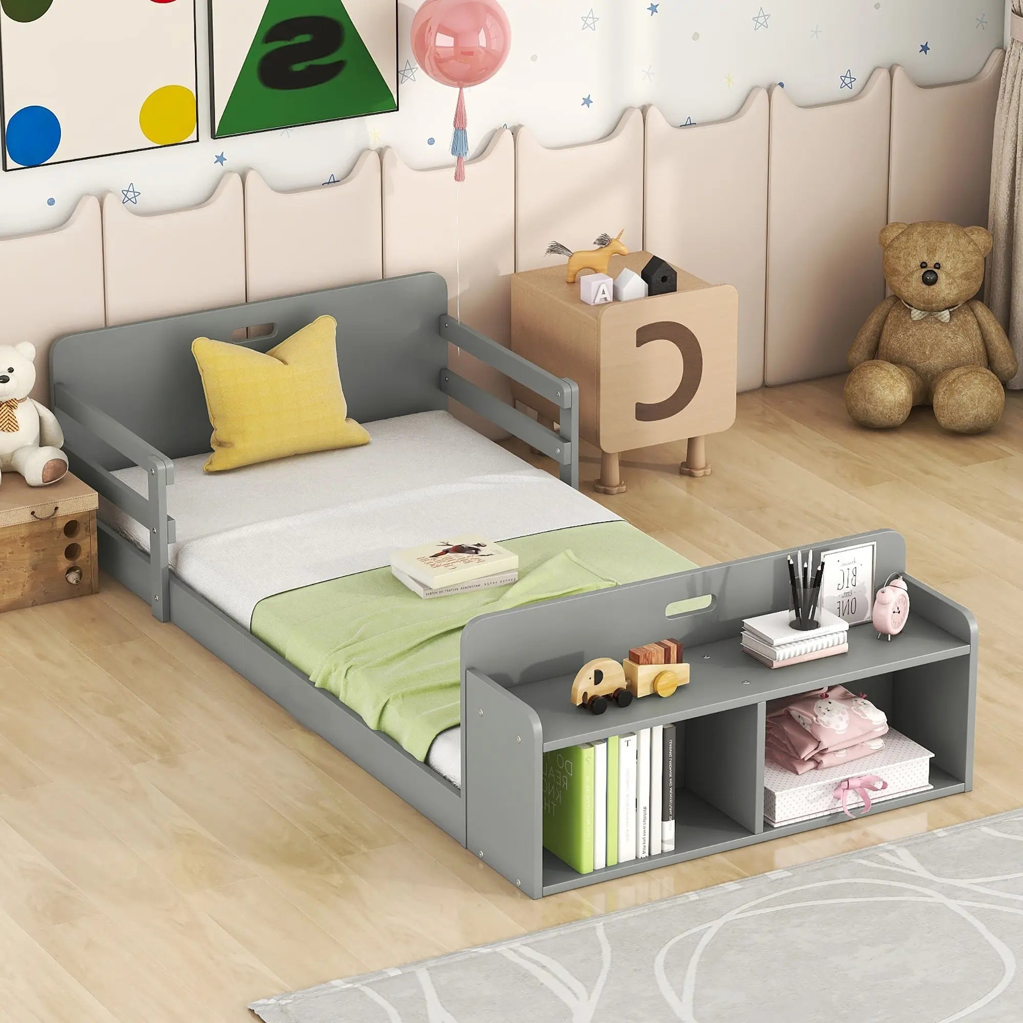 Twin Size Floor Bed with Storage Footboard and Guardrail - VINE GLOBAL