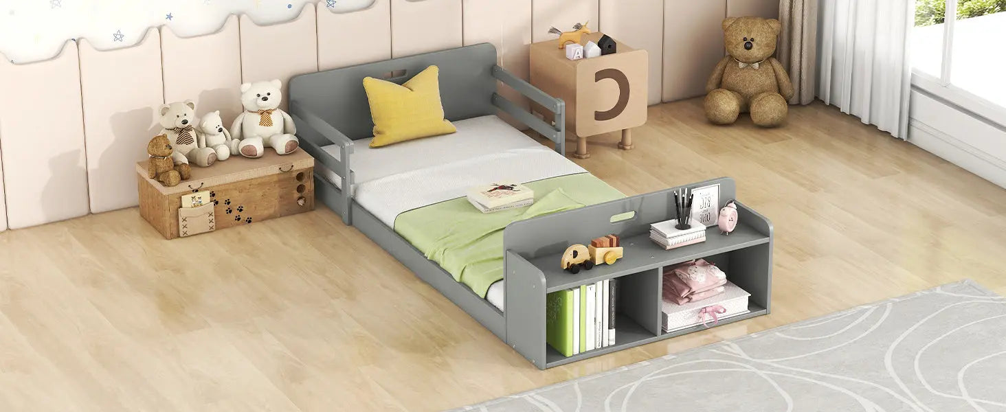 Twin Size Floor Bed with Storage Footboard and Guardrail - VINE GLOBAL