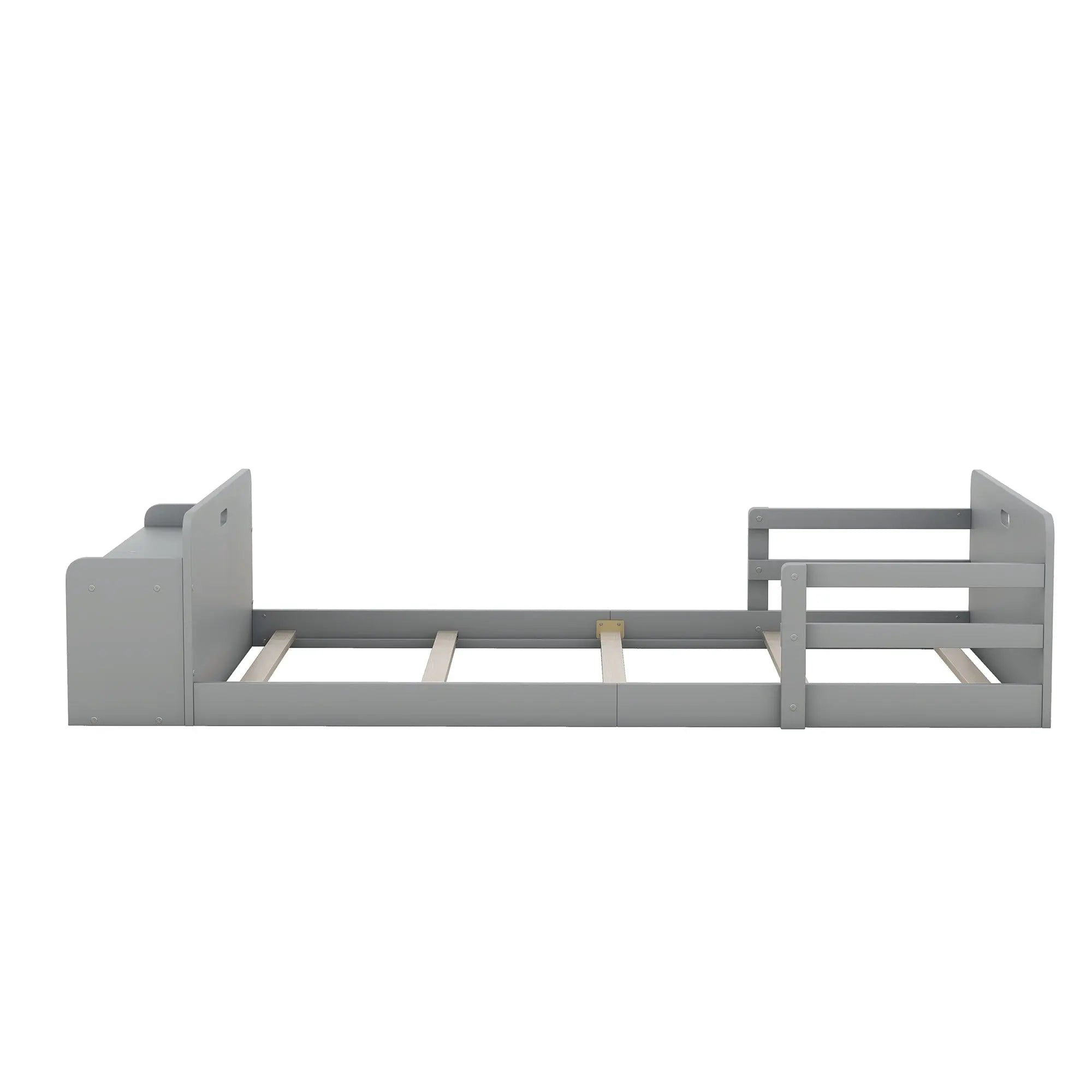 Twin Size Floor Bed with Storage Footboard and Guardrail - VINE GLOBAL