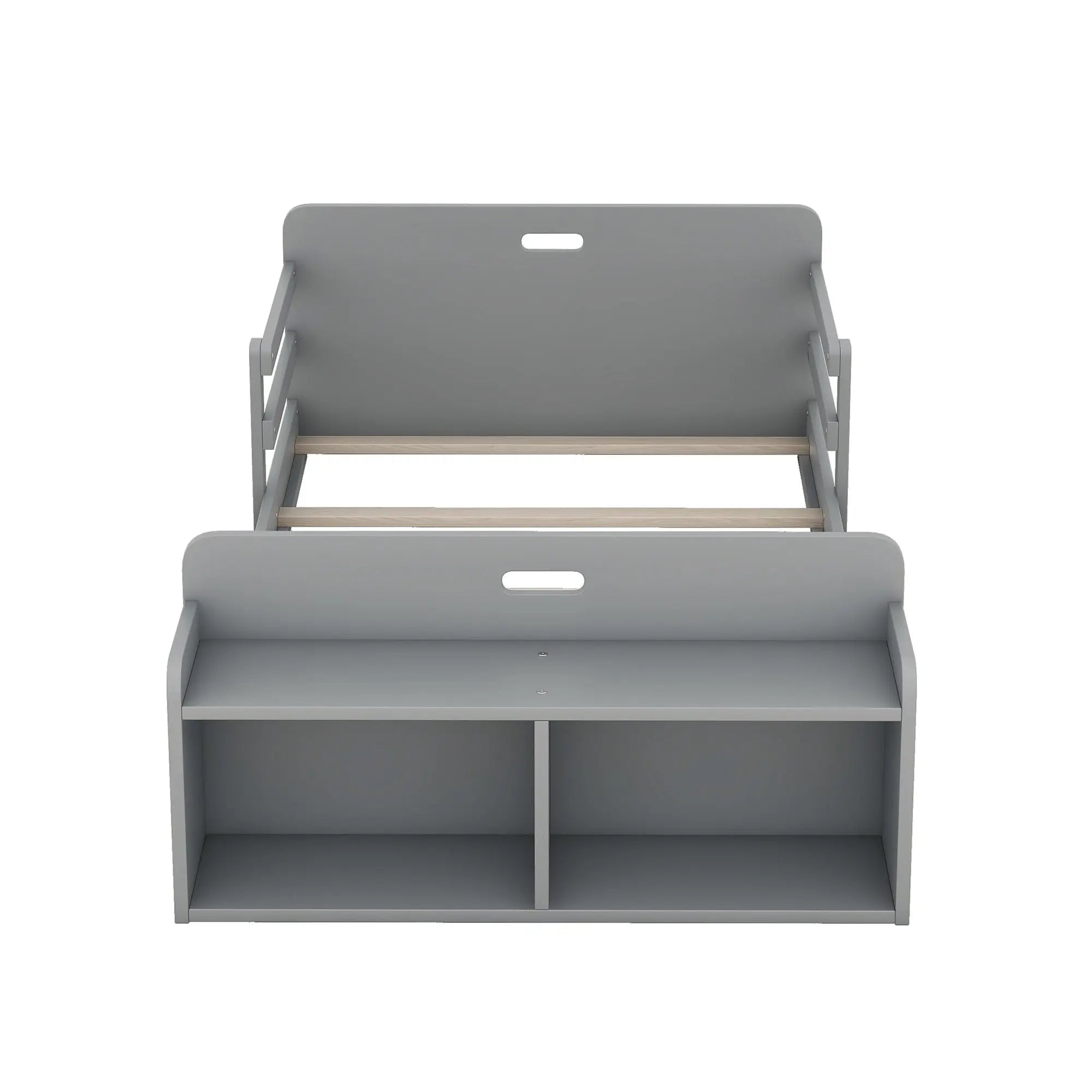 Twin Size Floor Bed with Storage Footboard and Guardrail - VINE GLOBAL